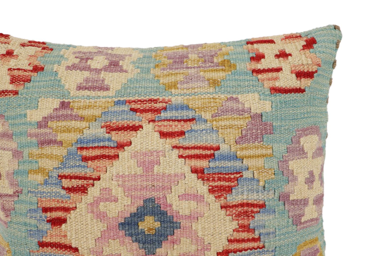 handmade Traditional Pillow Blue Beige Hand-Woven SQUARE 100% WOOL Hand woven turkish pillow2' x 2'