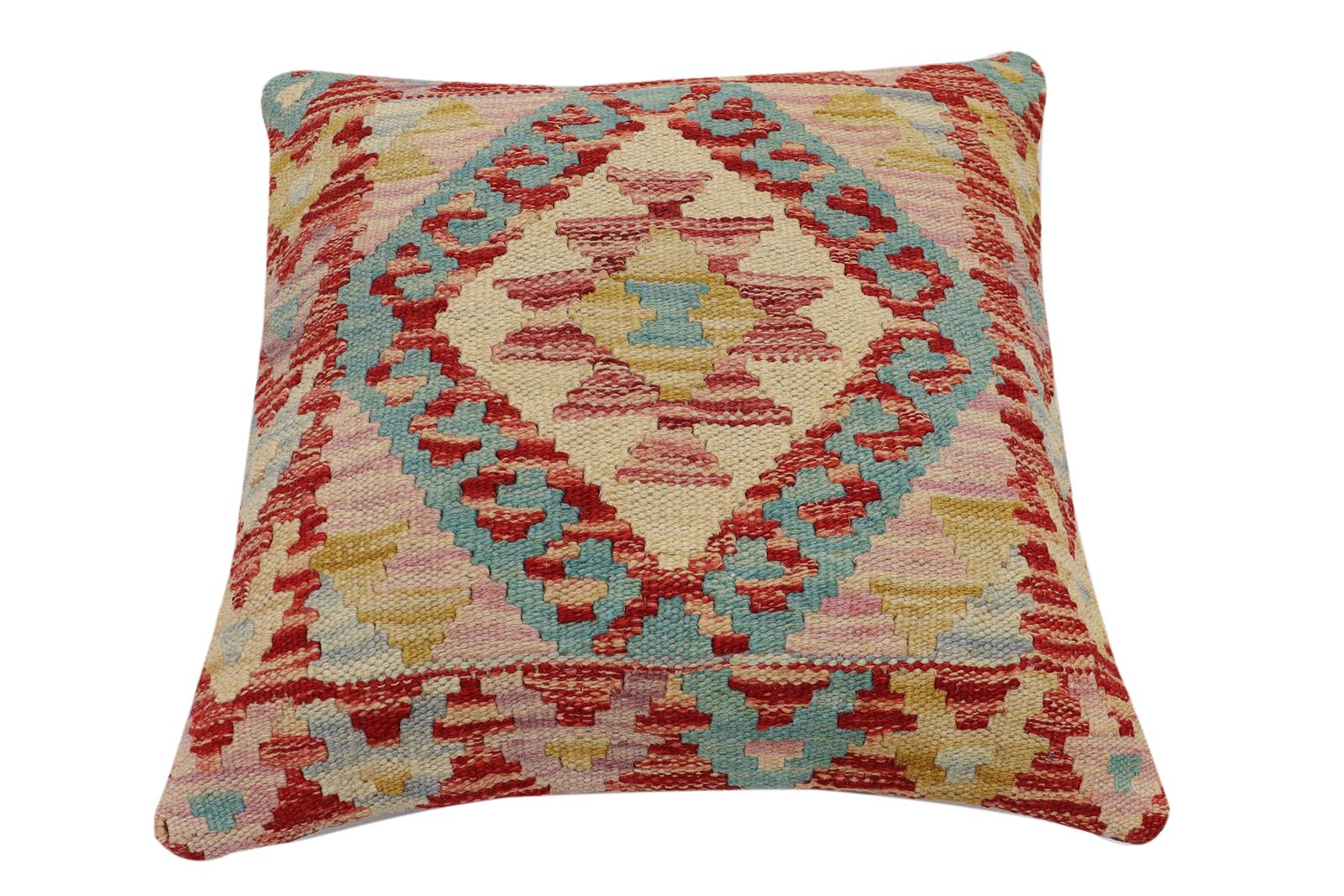 handmade Traditional Pillow Red Beige Hand-Woven SQUARE 100% WOOL Hand woven turkish pillow2' x 2'