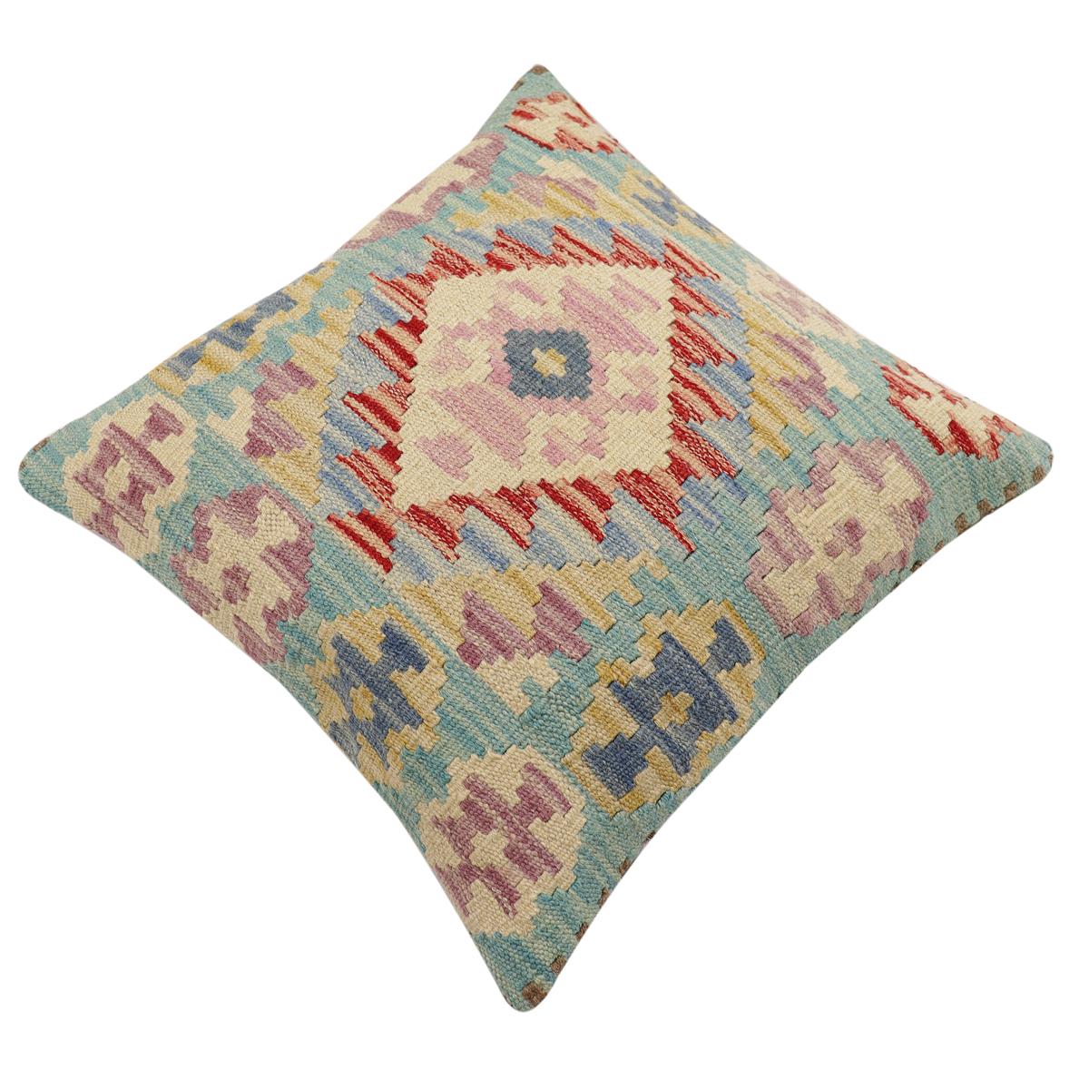 handmade Traditional Pillow Blue Beige Hand-Woven SQUARE 100% WOOL Hand woven turkish pillow2' x 2'