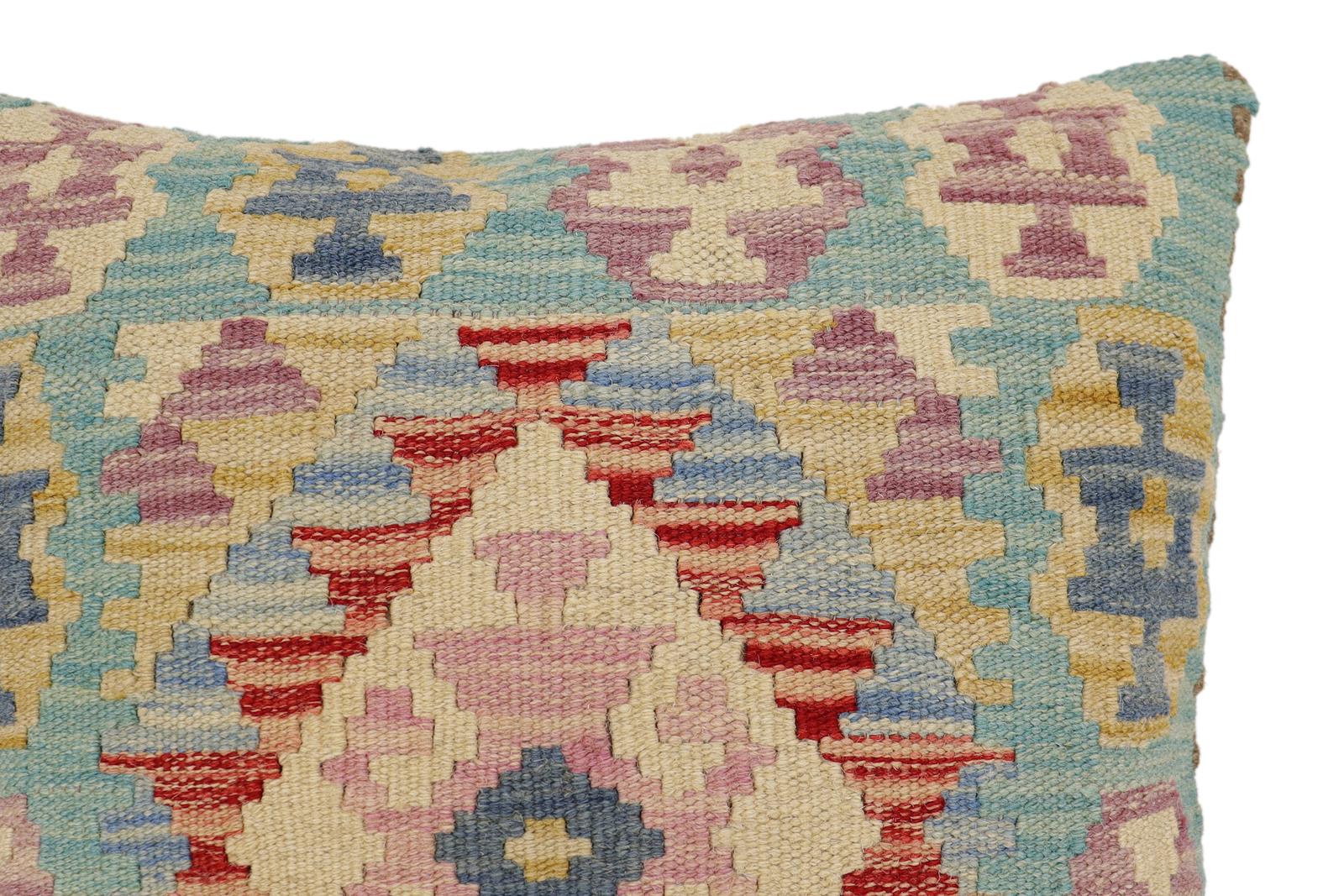 handmade Traditional Pillow Blue Beige Hand-Woven SQUARE 100% WOOL Hand woven turkish pillow2' x 2'