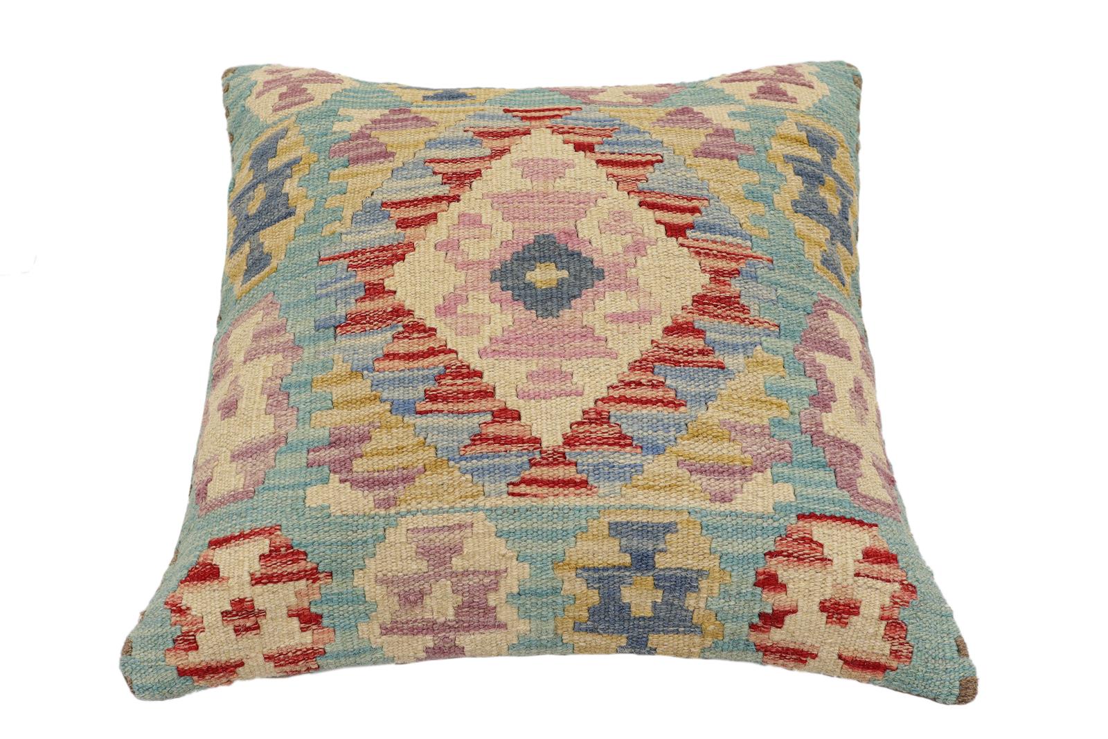 handmade Traditional Pillow Blue Beige Hand-Woven SQUARE 100% WOOL Hand woven turkish pillow2' x 2'