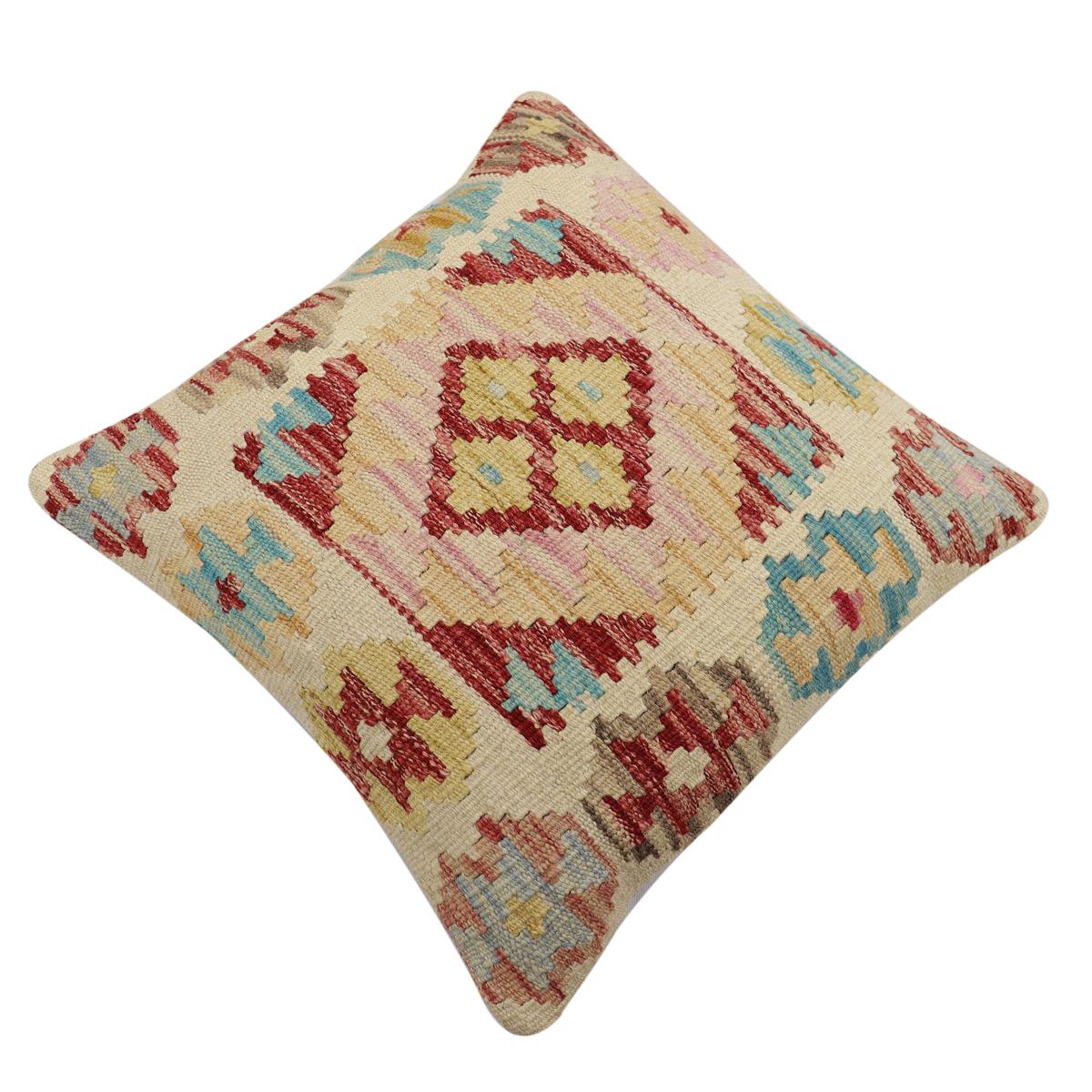 handmade Traditional Pillow Beige Red Hand-Woven SQUARE 100% WOOL Hand woven turkish pillow2' x 2'