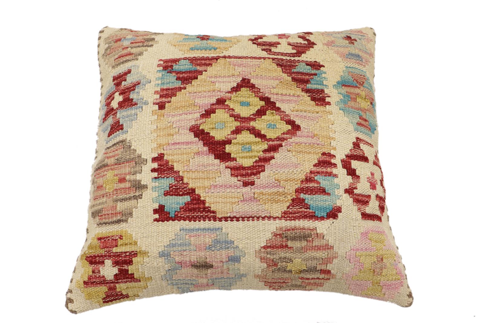 handmade Traditional Pillow Beige Red Hand-Woven SQUARE 100% WOOL Hand woven turkish pillow2' x 2'