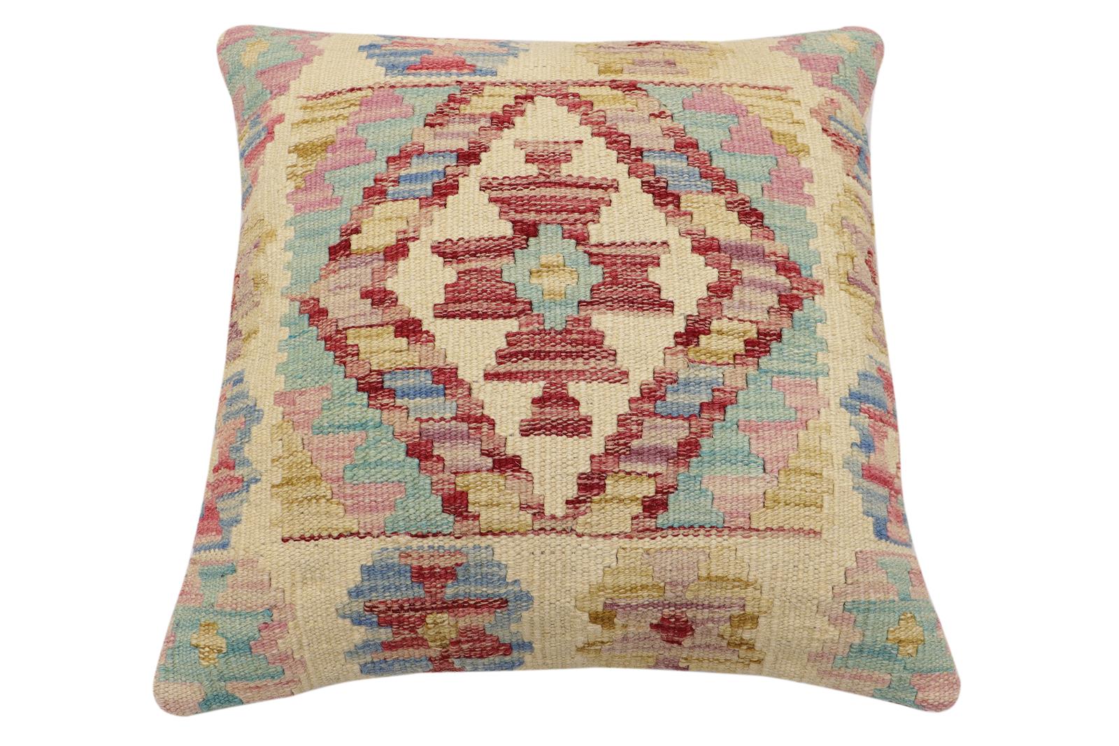 handmade Traditional Pillow Beige Rust Hand-Woven SQUARE 100% WOOL Hand woven turkish pillow2' x 2'