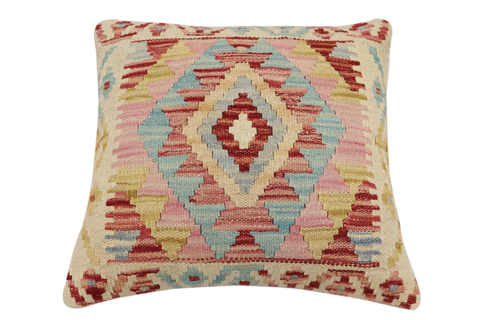 handmade Traditional Pillow Beige Red Hand-Woven SQUARE 100% WOOL  Hand woven turkish pillow  2 x 2