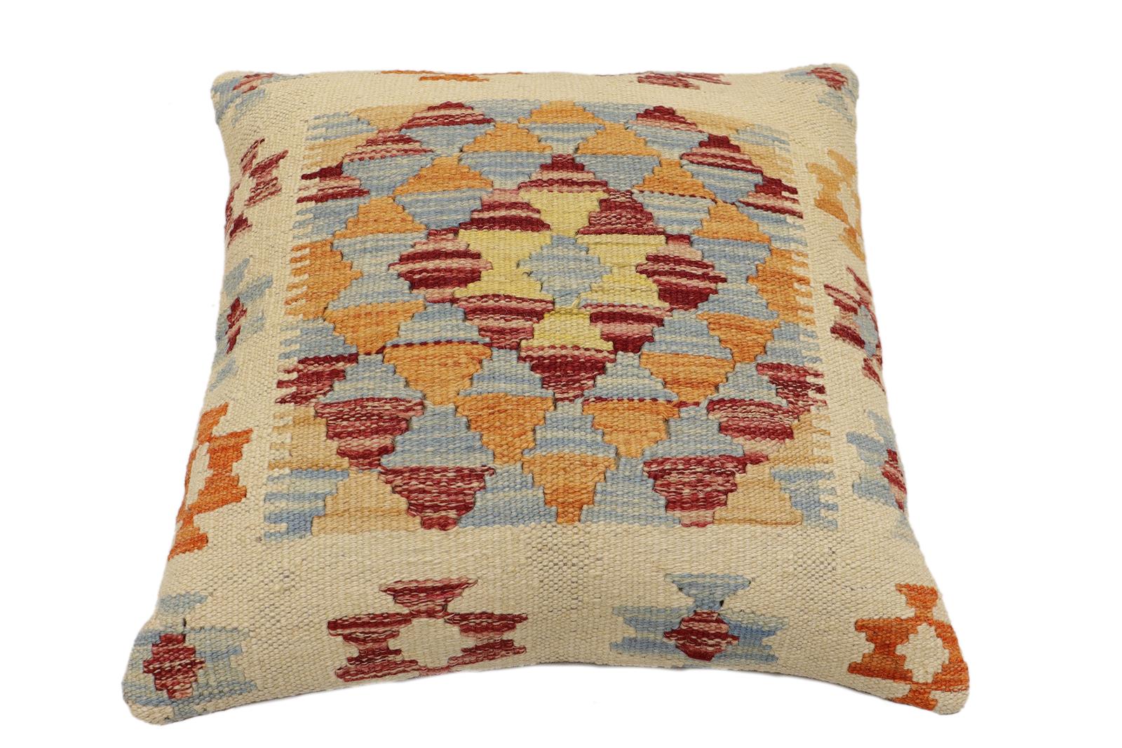handmade Traditional Pillow Beige Blue Hand-Woven SQUARE 100% WOOL Hand woven turkish pillow2' x 2'