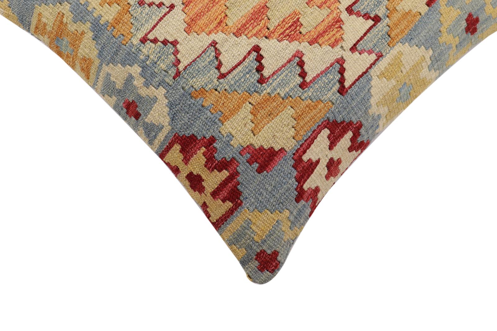 handmade Traditional Pillow Blue Beige Hand-Woven SQUARE 100% WOOL Hand woven turkish pillow2' x 2'