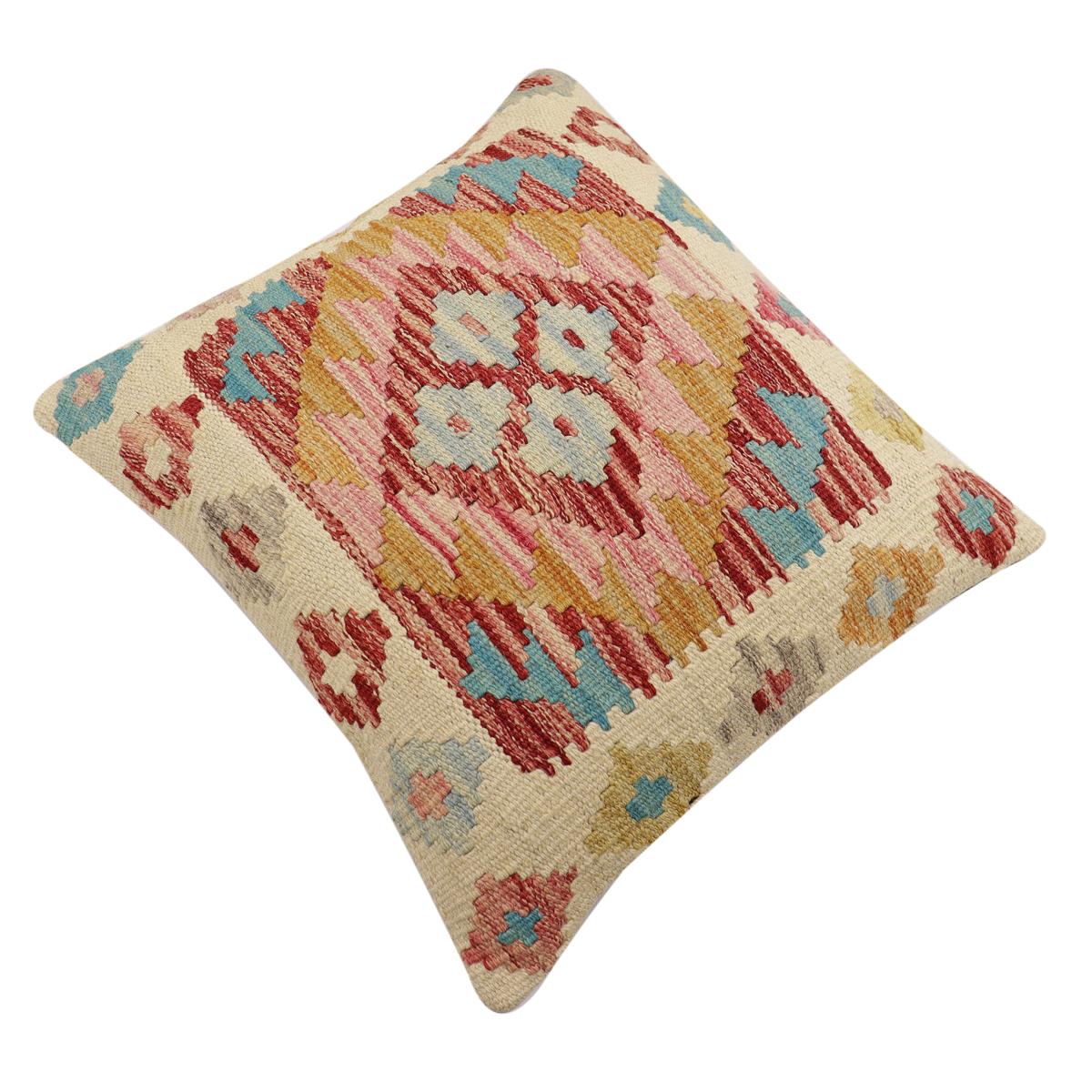 handmade Traditional Pillow Beige Red Hand-Woven SQUARE 100% WOOL  Hand woven turkish pillow  2 x 2
