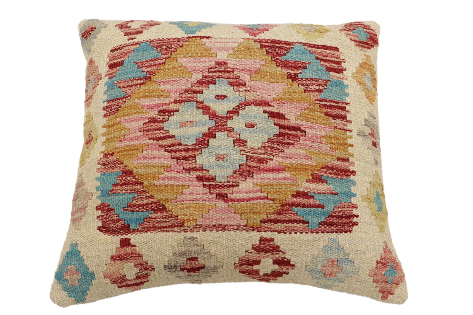 handmade Traditional Pillow Beige Red Hand-Woven SQUARE 100% WOOL  Hand woven turkish pillow  2 x 2