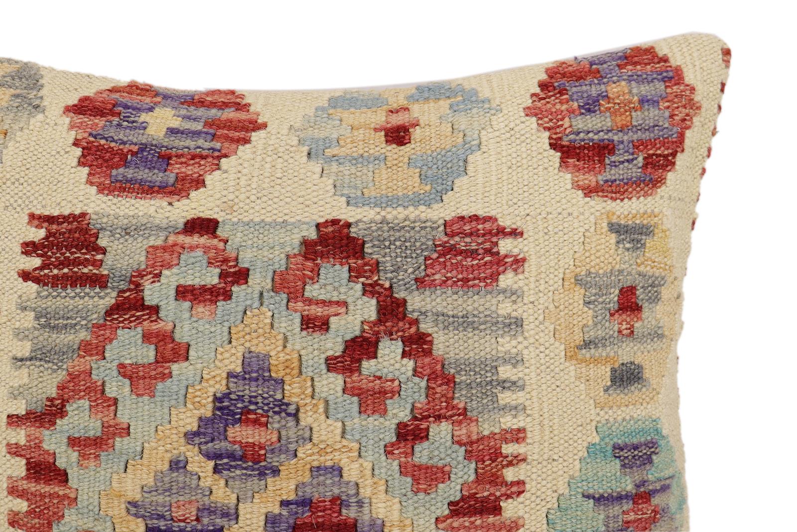 handmade Traditional Pillow Beige Red Hand-Woven SQUARE 100% WOOL Hand woven turkish pillow2' x 2'