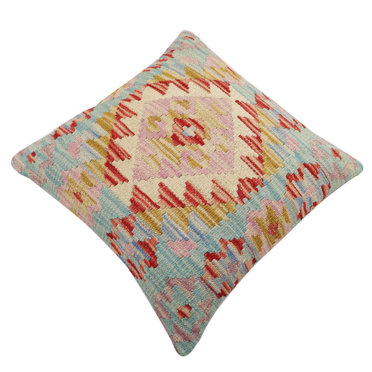 handmade Traditional Pillow Blue Red Hand-Woven SQUARE 100% WOOL Hand woven turkish pillow2' x 2'
