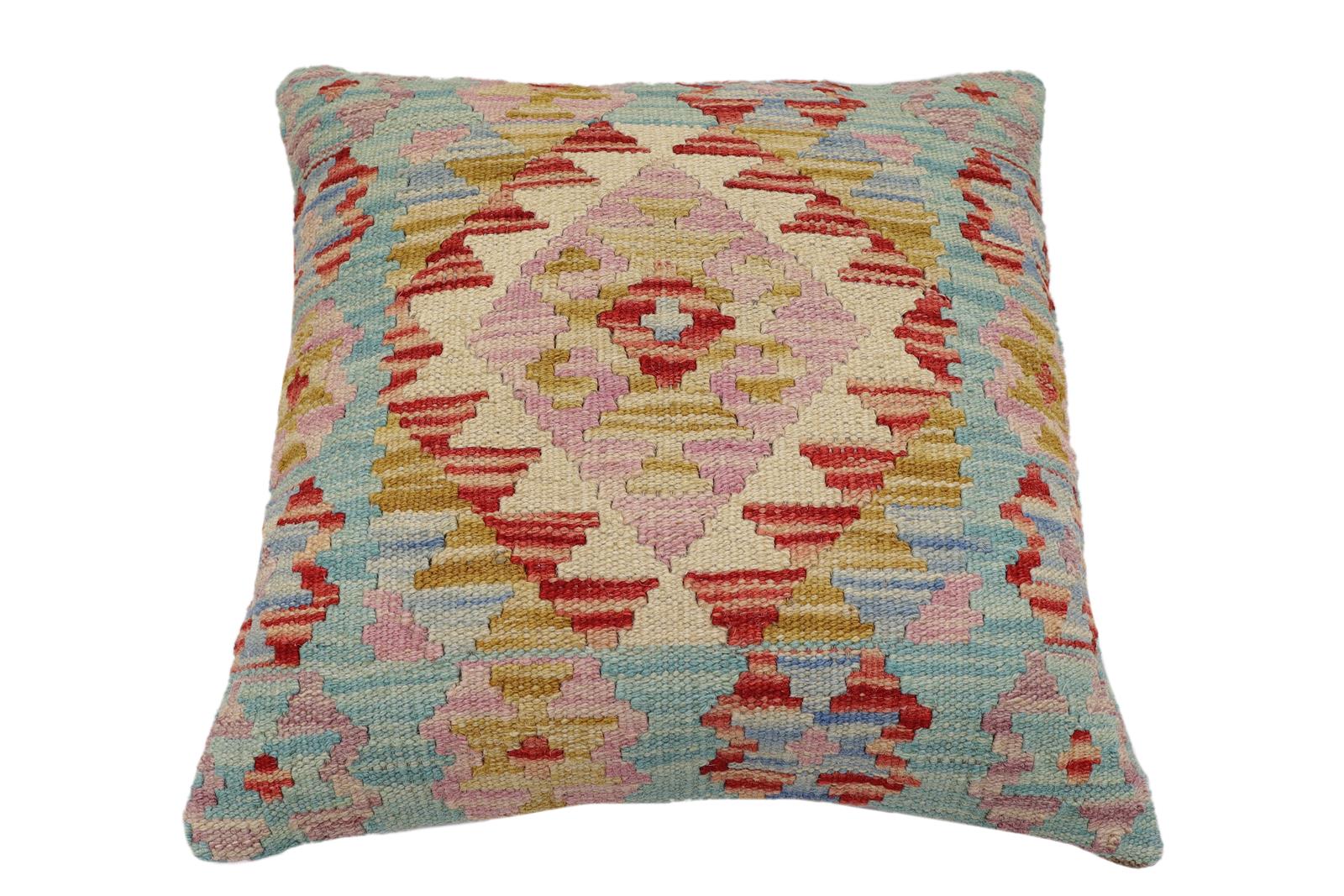 handmade Traditional Pillow Blue Red Hand-Woven SQUARE 100% WOOL Hand woven turkish pillow2' x 2'