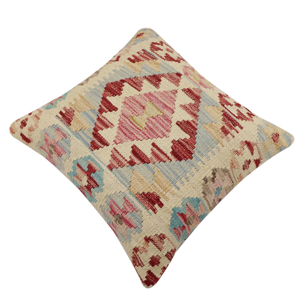 handmade Traditional Pillow Beige Red Hand-Woven SQUARE 100% WOOL  Hand woven turkish pillow  2 x 2
