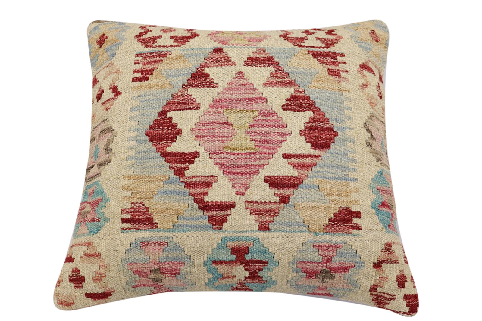 handmade Traditional Pillow Beige Red Hand-Woven SQUARE 100% WOOL  Hand woven turkish pillow  2 x 2