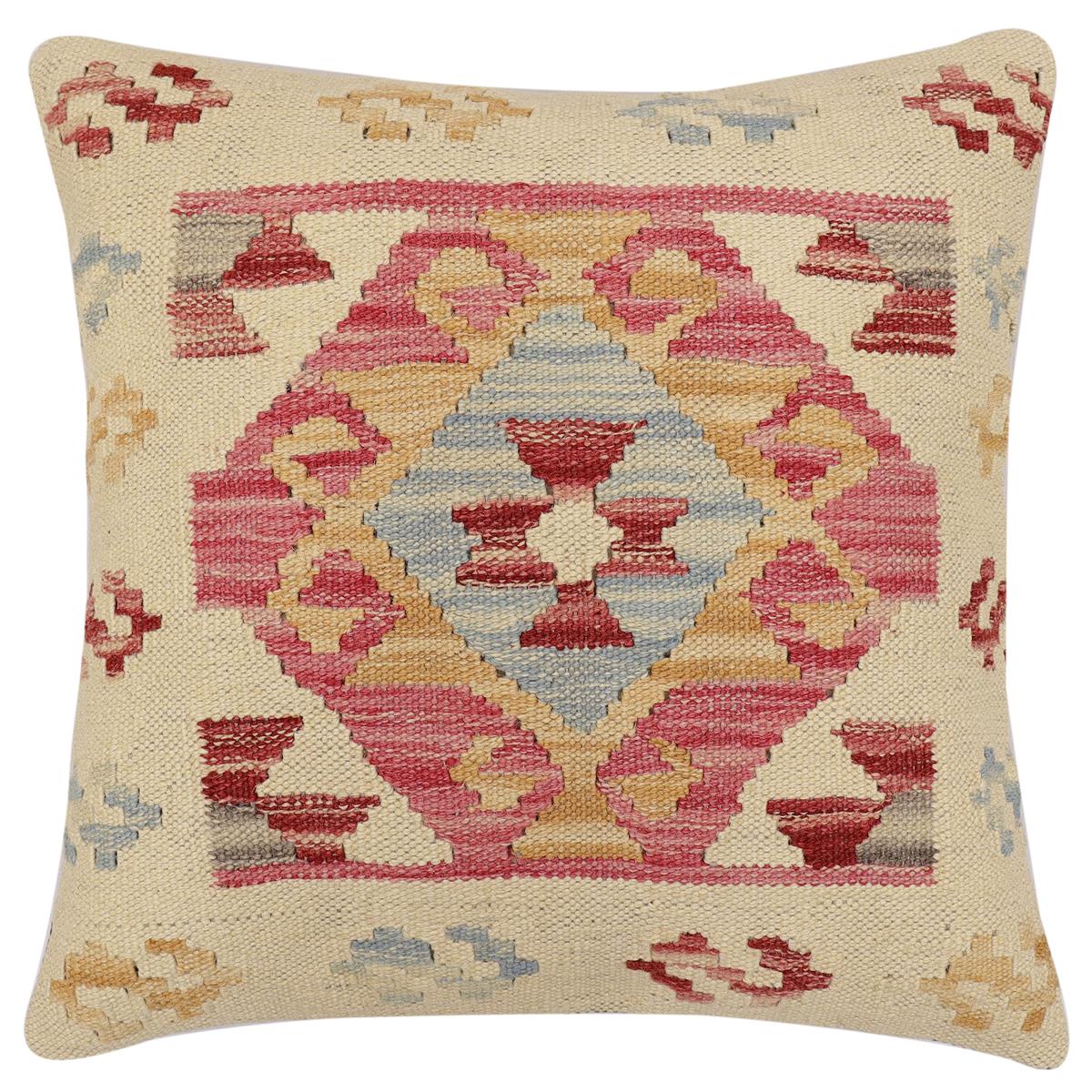 handmade Traditional Pillow Beige Red Hand-Woven SQUARE 100% WOOL  Hand woven turkish pillow  2 x 2