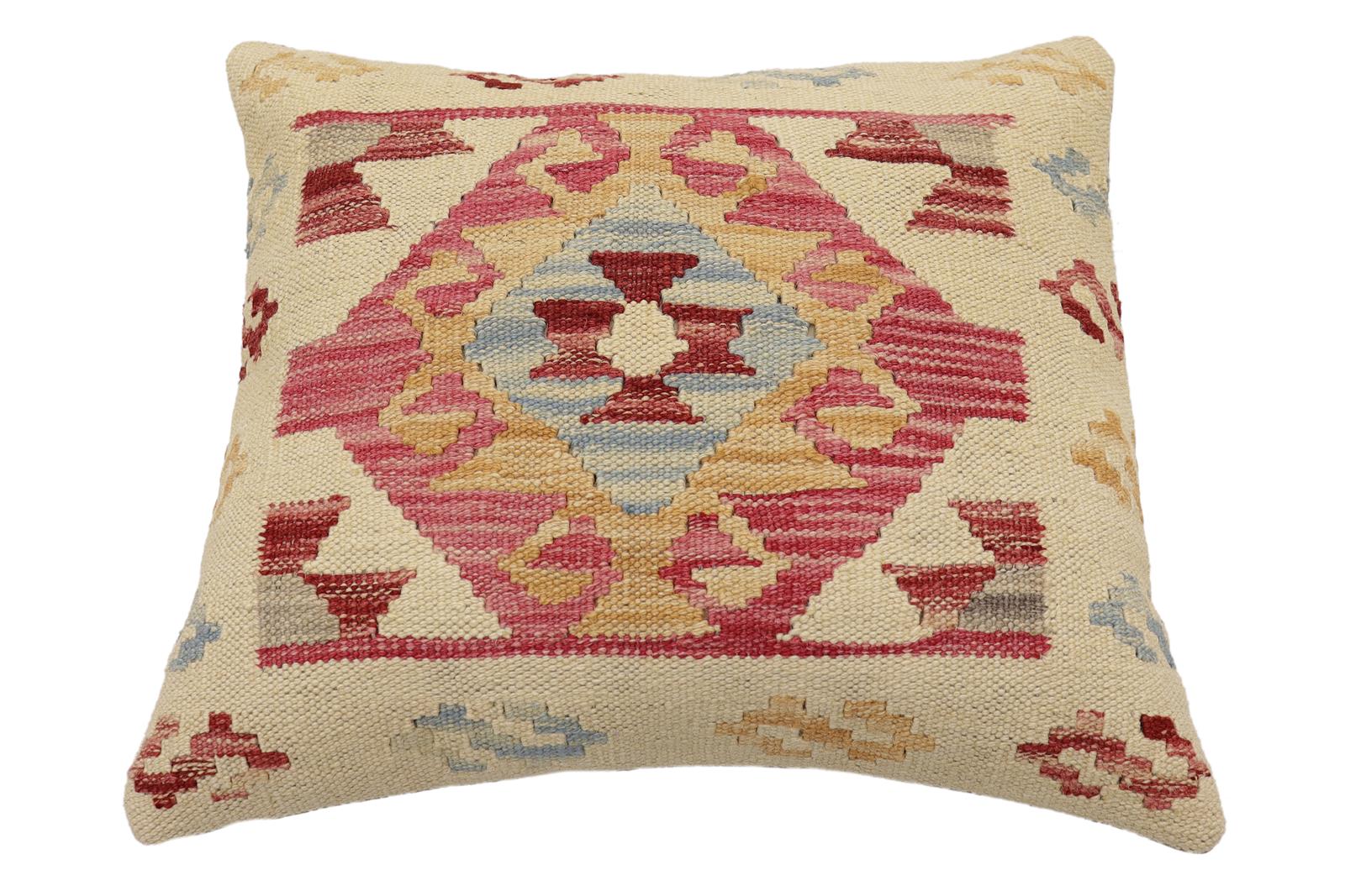 handmade Traditional Pillow Beige Red Hand-Woven SQUARE 100% WOOL  Hand woven turkish pillow  3 x 5