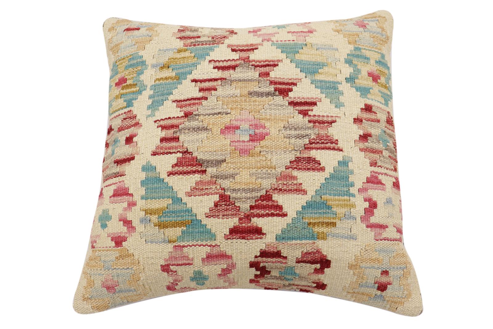 handmade Traditional Pillow Beige Red Hand-Woven SQUARE 100% WOOL Hand woven turkish pillow2' x 2'