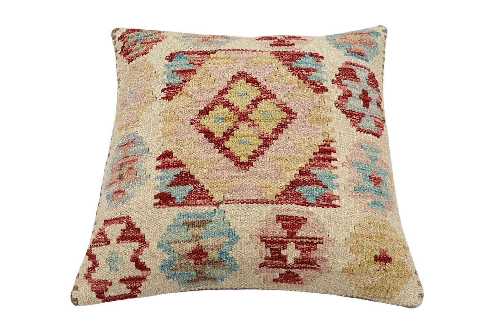 handmade Traditional Pillow Beige Red Hand-Woven SQUARE 100% WOOL Hand woven turkish pillow2' x 2'