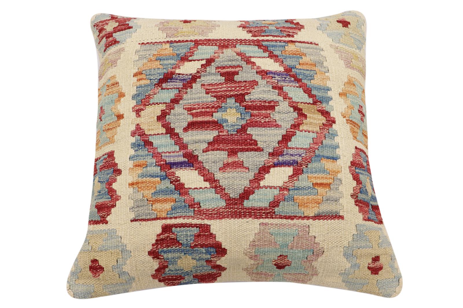 handmade Traditional Pillow Beige Red Hand-Woven SQUARE 100% WOOL  Hand woven turkish pillow  2 x 2