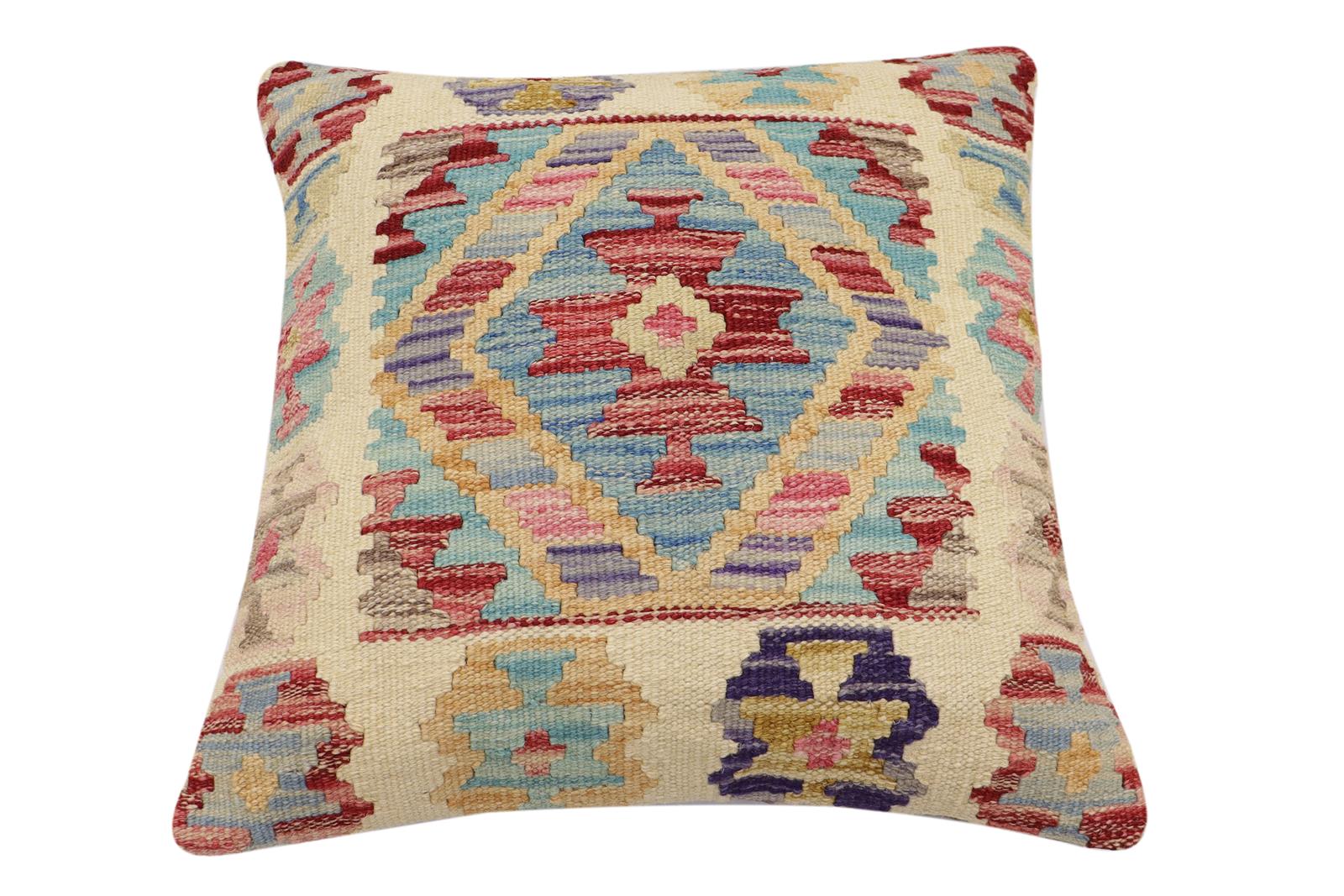 handmade Traditional Pillow Beige Red Hand-Woven SQUARE 100% WOOL  Hand woven turkish pillow  2 x 2