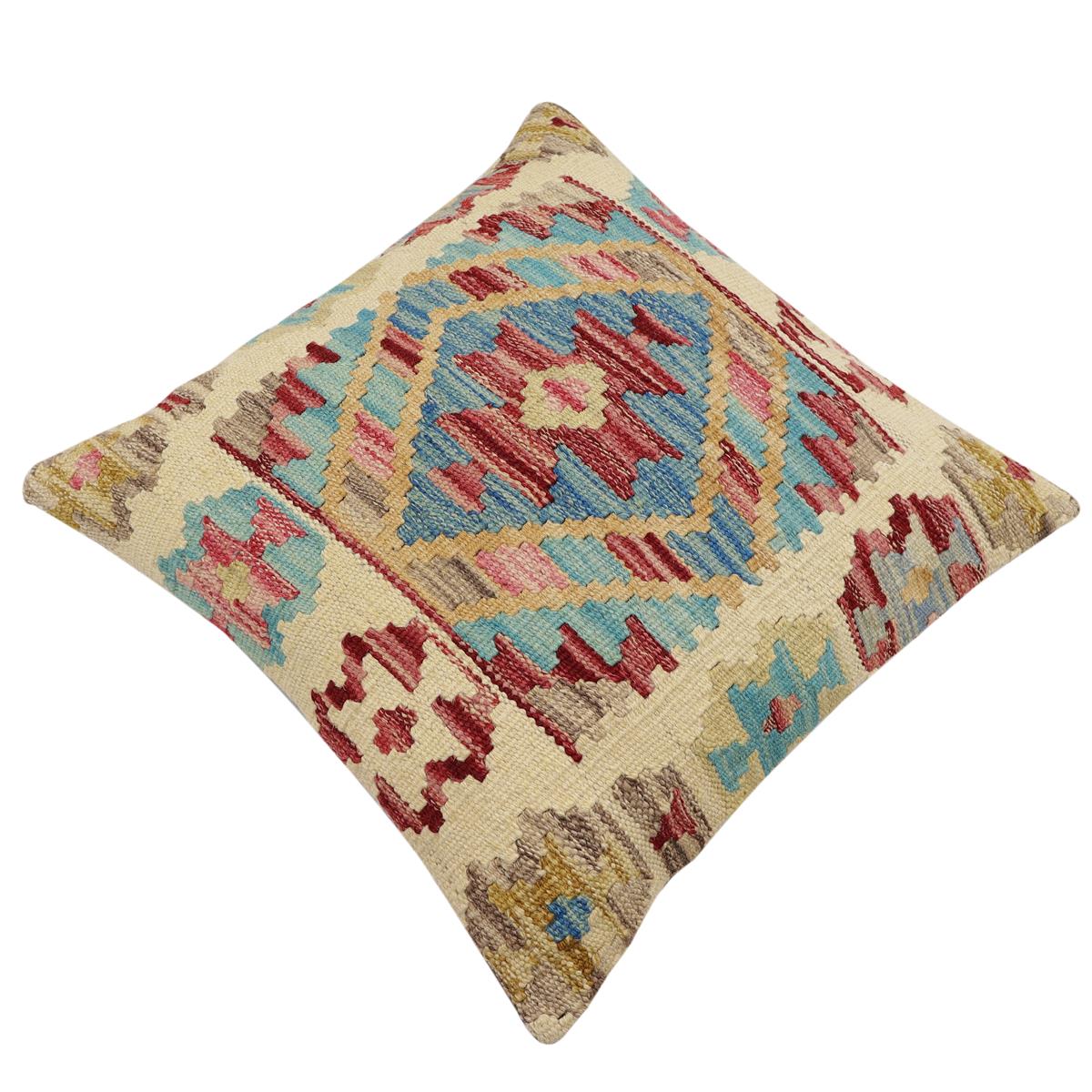 handmade Traditional Pillow Beige Red Hand-Woven SQUARE 100% WOOL  Hand woven turkish pillow  2 x 2