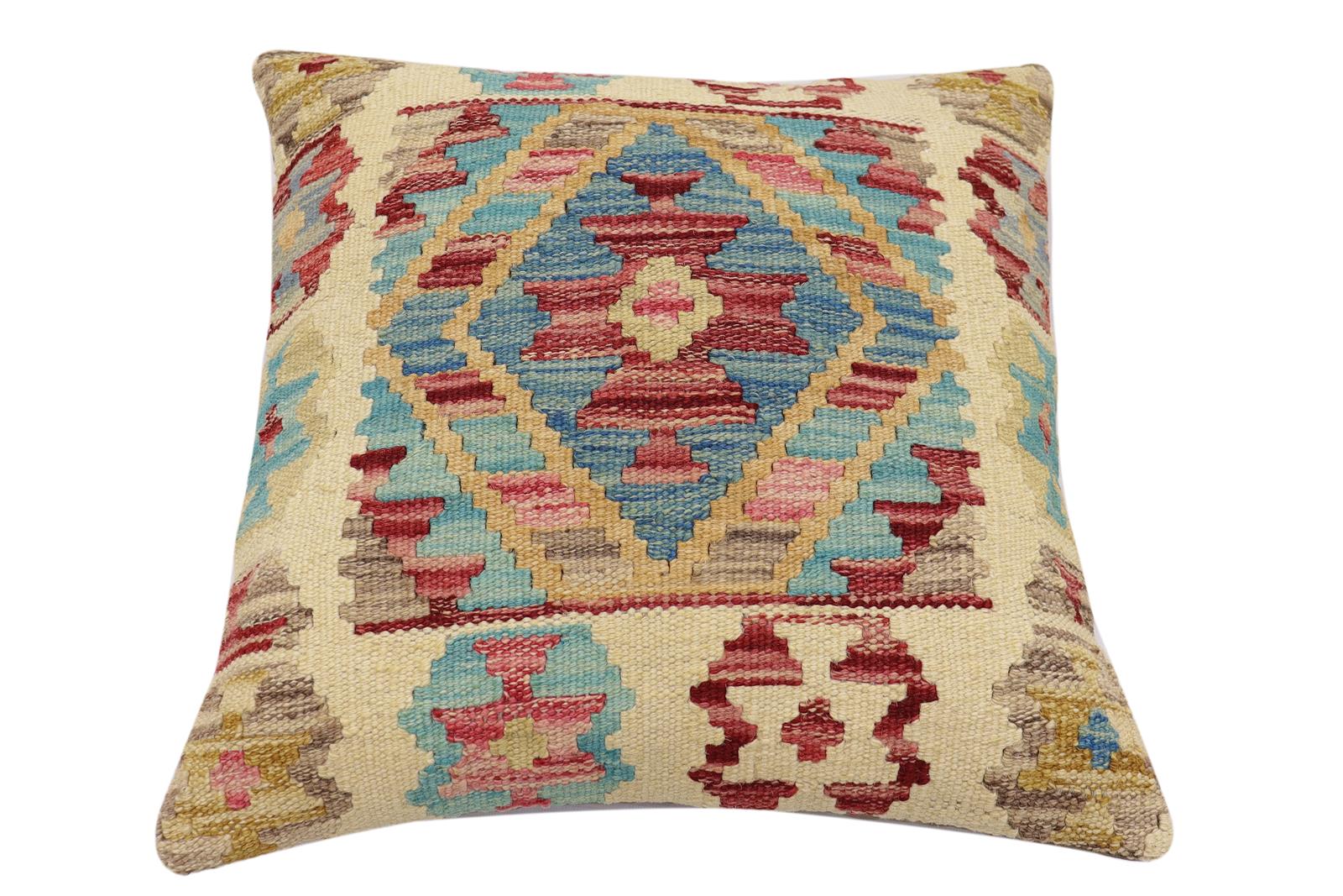 handmade Traditional Pillow Beige Red Hand-Woven SQUARE 100% WOOL  Hand woven turkish pillow  2 x 2