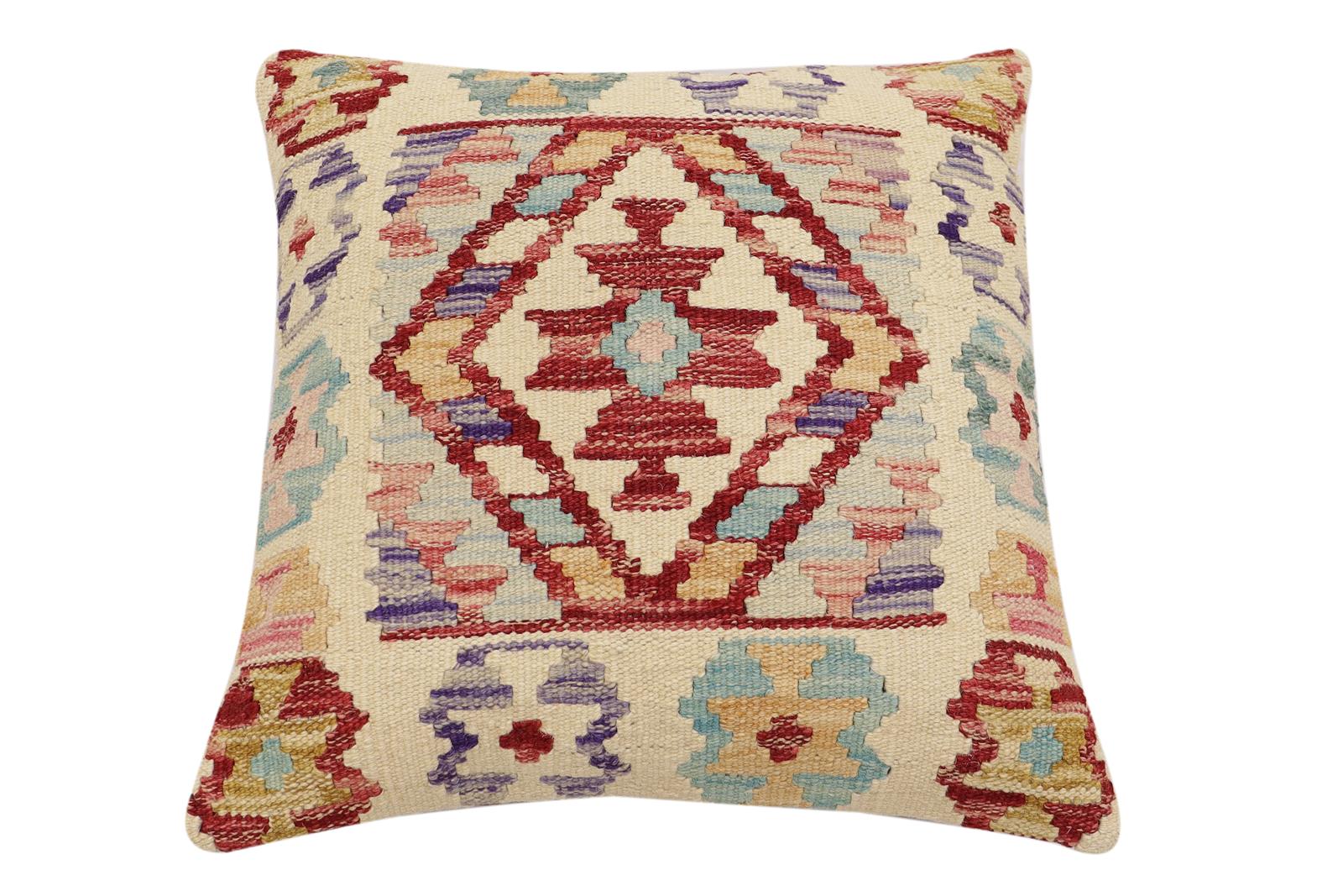 handmade Traditional Pillow Beige Red Hand-Woven SQUARE 100% WOOL  Hand woven turkish pillow  2 x 2