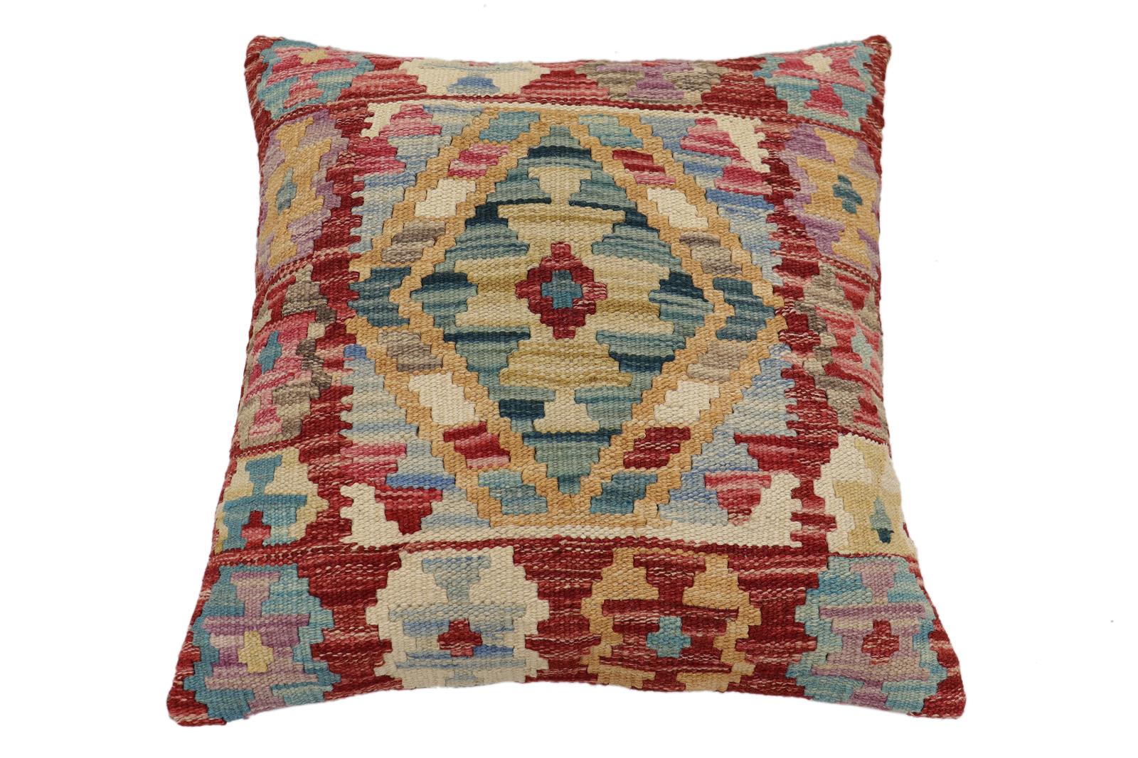 handmade Traditional Pillow Red Blue Hand-Woven SQUARE 100% WOOL Hand woven turkish pillow2' x 2'