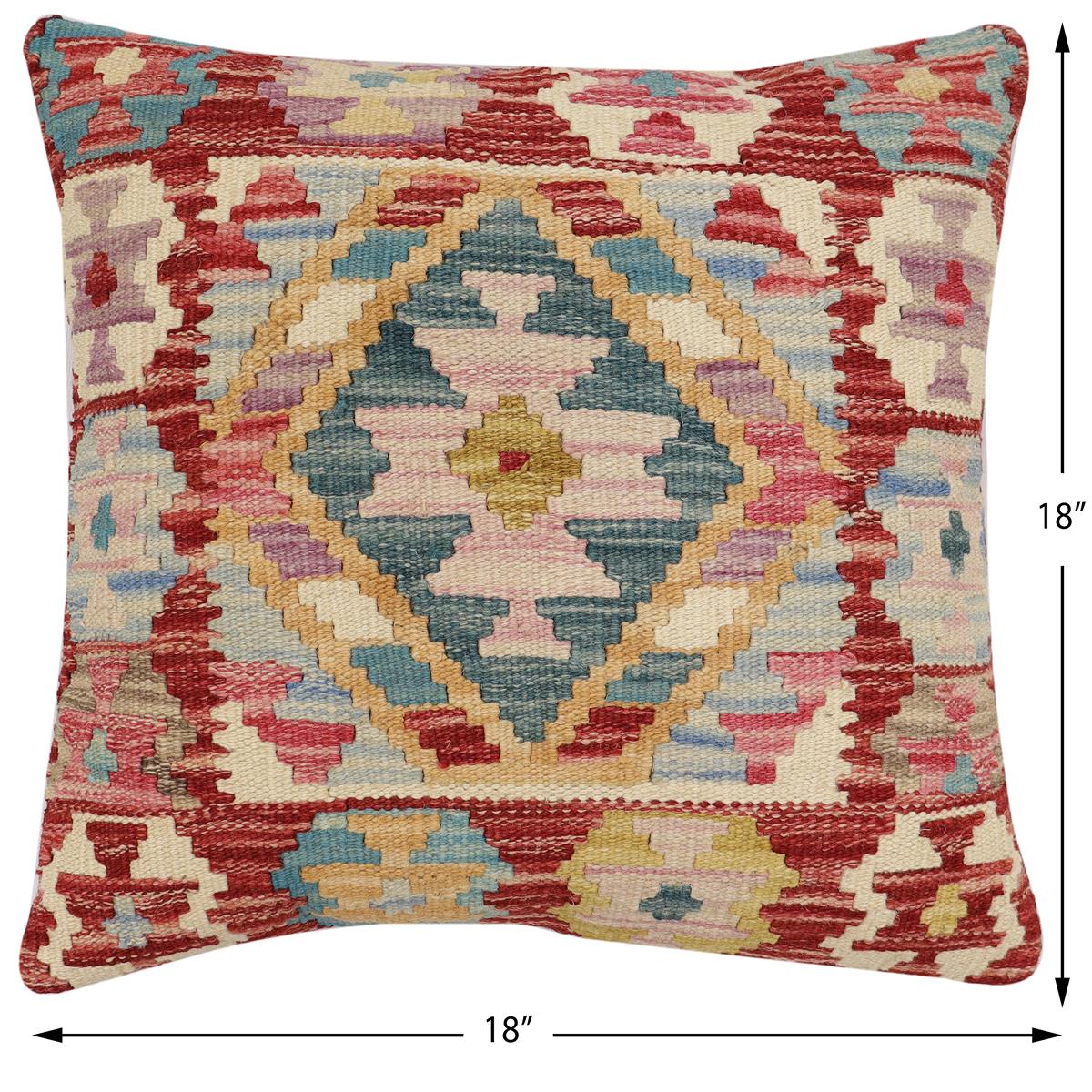 handmade Traditional Pillow Red Blue Hand-Woven SQUARE 100% WOOL Hand woven turkish pillow2' x 2'
