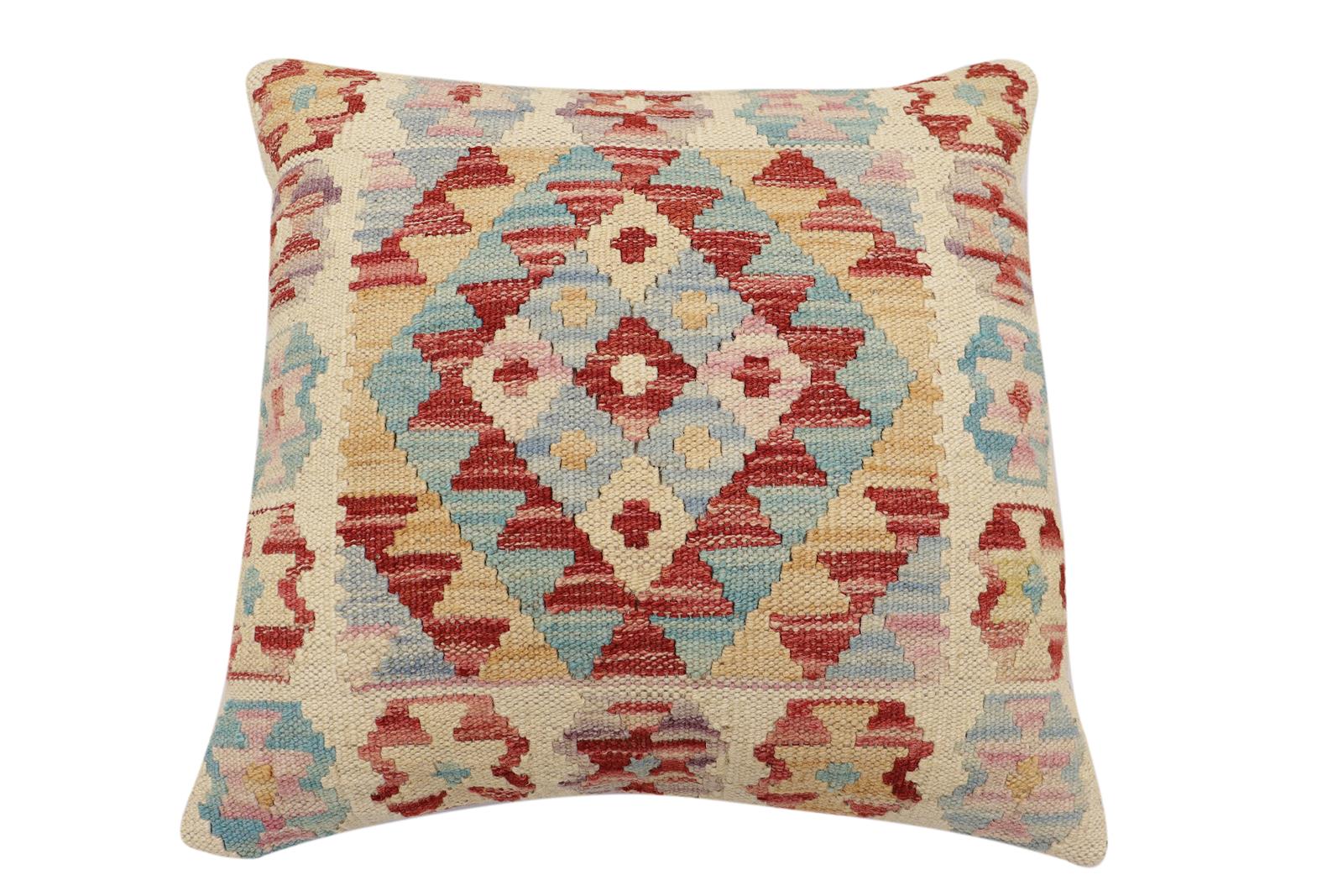 handmade Traditional Pillow Red Blue Hand-Woven SQUARE 100% WOOL  Hand woven turkish pillow  2 x 2
