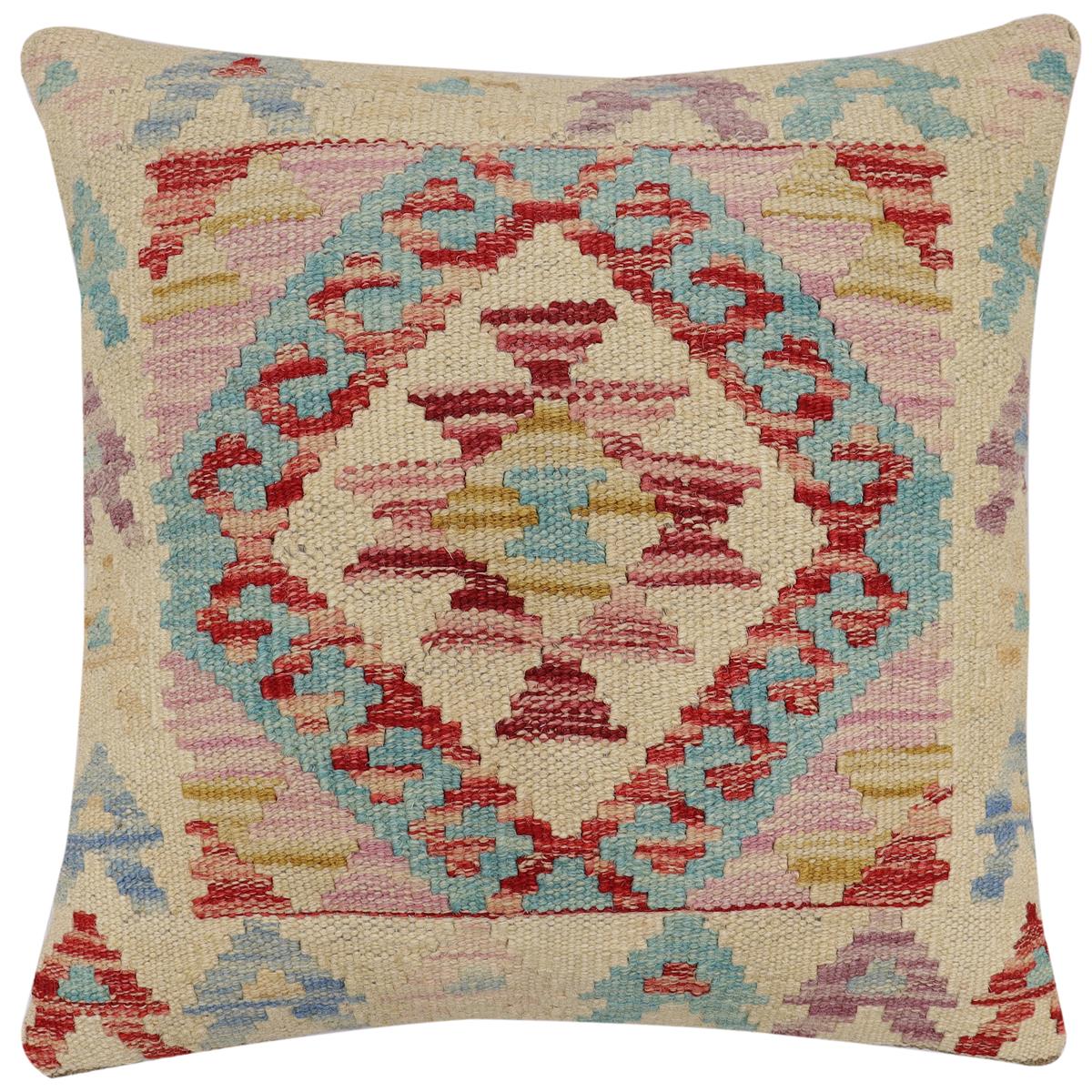 handmade Traditional Pillow Beige Red Hand-Woven SQUARE 100% WOOL  Hand woven turkish pillow  2 x 2