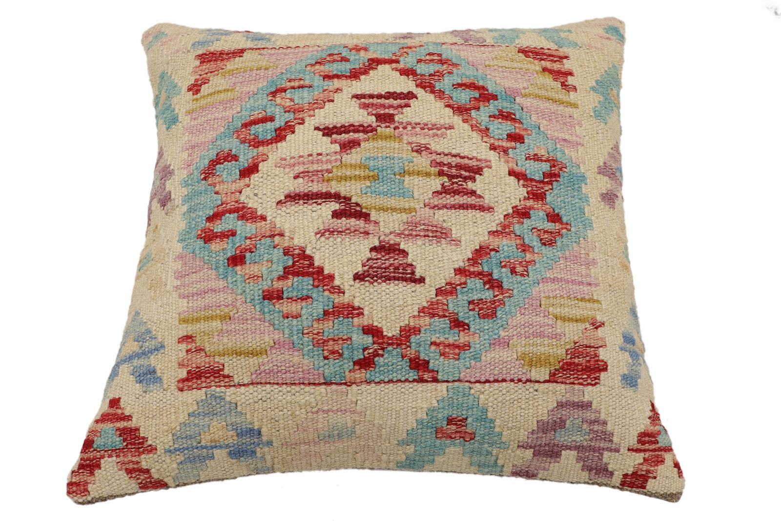 handmade Traditional Pillow Beige Red Hand-Woven SQUARE 100% WOOL  Hand woven turkish pillow  2 x 2