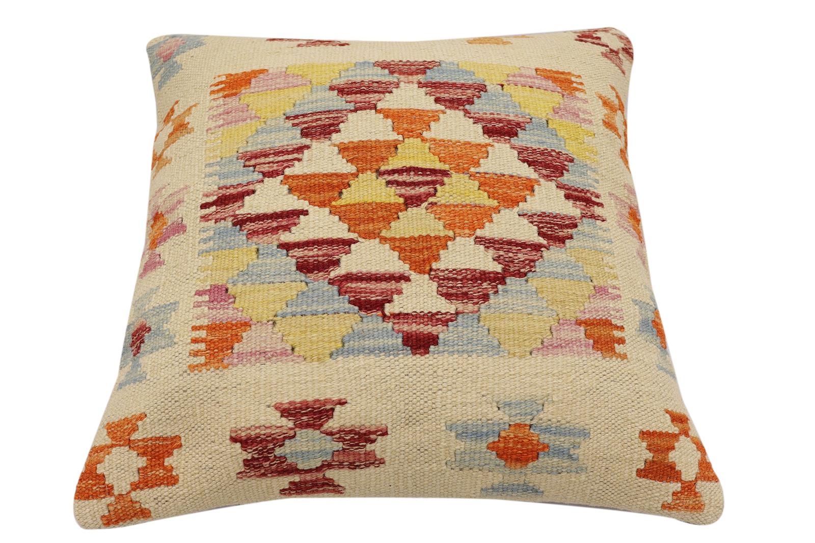 handmade Traditional Pillow Beige Rust Hand-Woven SQUARE 100% WOOL Hand woven turkish pillow2' x 2'