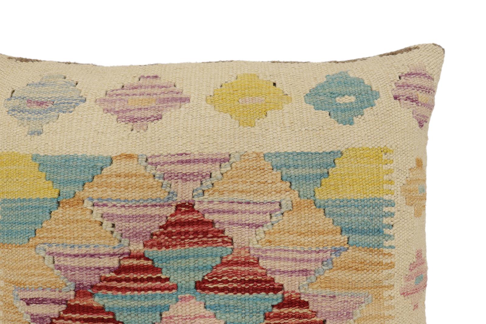 handmade Traditional Pillow Beige Red Hand-Woven SQUARE 100% WOOL Hand woven turkish pillow2' x 2'