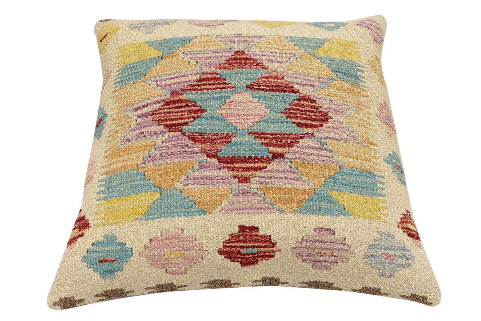 handmade Traditional Pillow Beige Red Hand-Woven SQUARE 100% WOOL Hand woven turkish pillow2' x 2'