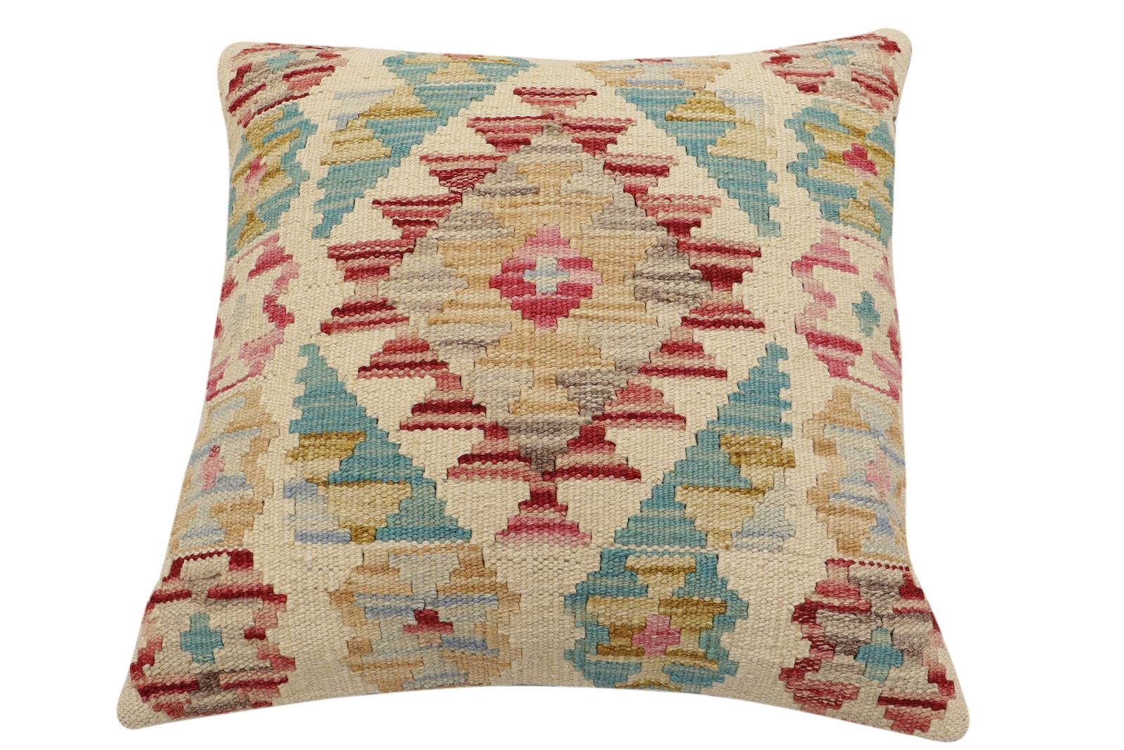 handmade Traditional Pillow Beige Red Hand-Woven SQUARE 100% WOOL Hand woven turkish pillow2' x 2'