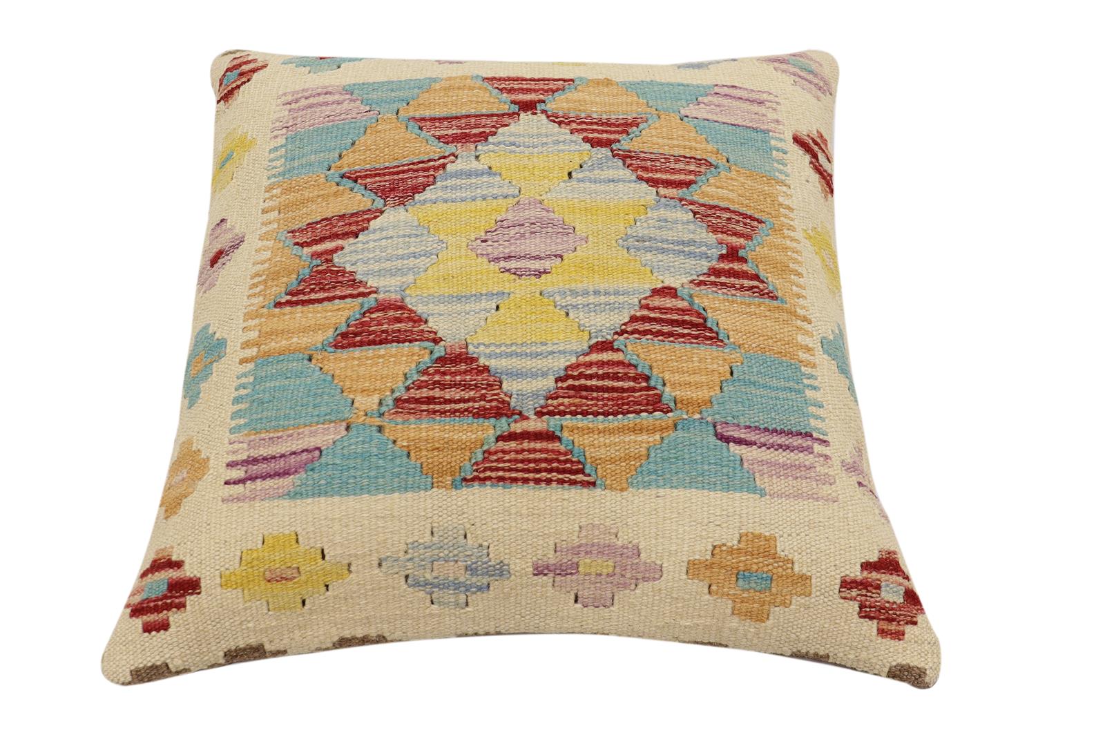 handmade Traditional Pillow Beige Rust Hand-Woven SQUARE 100% WOOL Hand woven turkish pillow2' x 2'