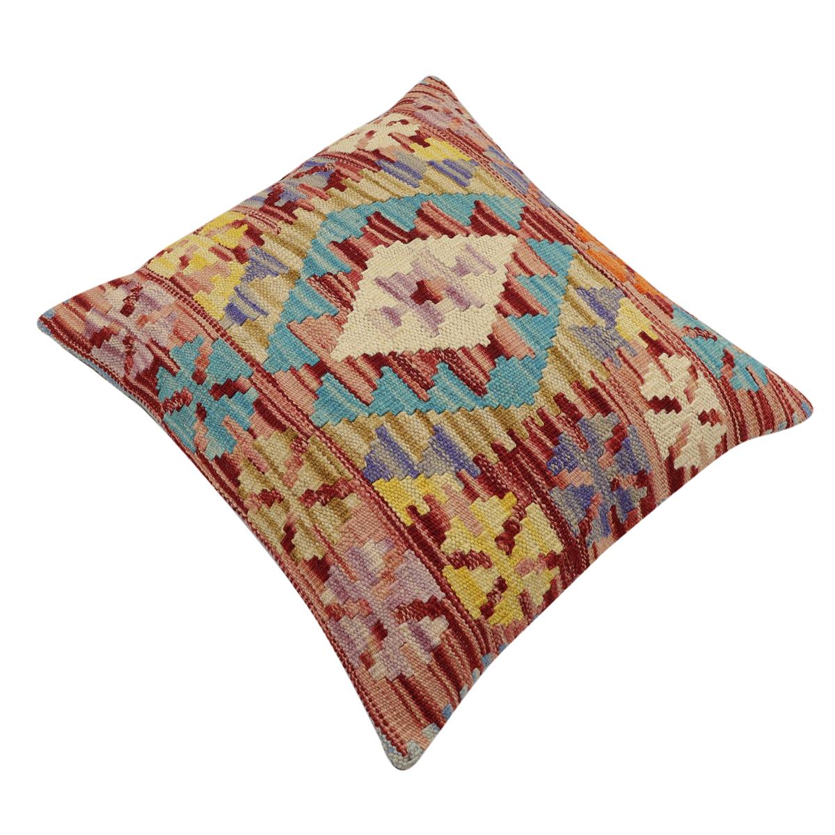 handmade Traditional Pillow Red Blue Hand-Woven SQUARE 100% WOOL  Hand woven turkish pillow  2 x 2