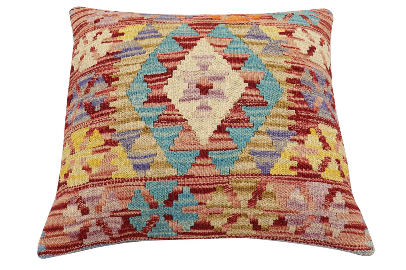handmade Traditional Pillow Red Blue Hand-Woven SQUARE 100% WOOL  Hand woven turkish pillow  2 x 2
