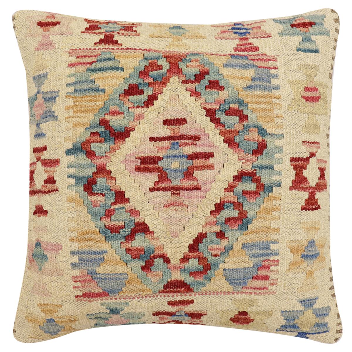 handmade Traditional Pillow Beige Red Hand-Woven SQUARE 100% WOOL  Hand woven turkish pillow  2 x 2