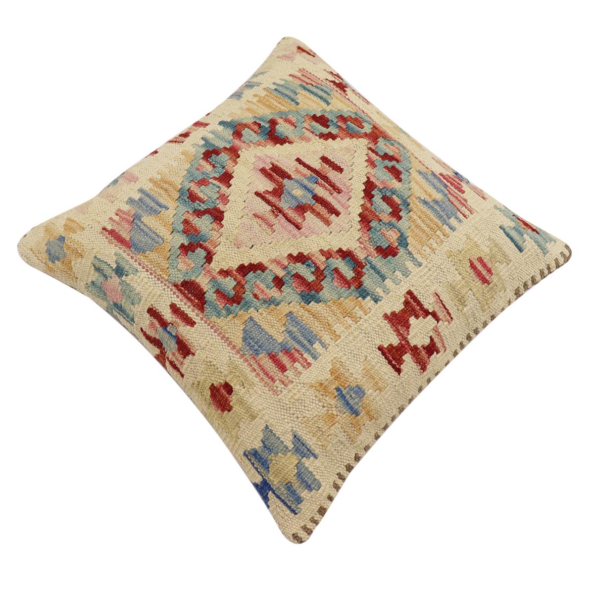 handmade Traditional Pillow Beige Red Hand-Woven SQUARE 100% WOOL  Hand woven turkish pillow  2 x 2