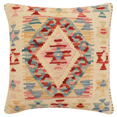 handmade Traditional Pillow Beige Red Hand-Woven SQUARE 100% WOOL  Hand woven turkish pillow  2 x 2