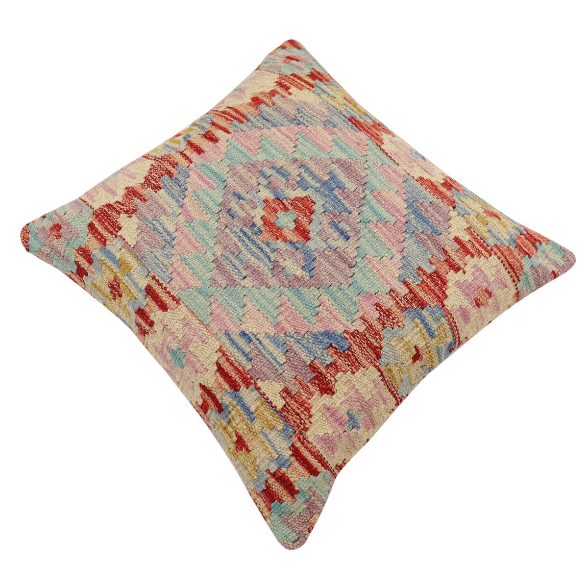 handmade Traditional Pillow Red Blue Hand-Woven SQUARE 100% WOOL  Hand woven turkish pillow  2 x 2