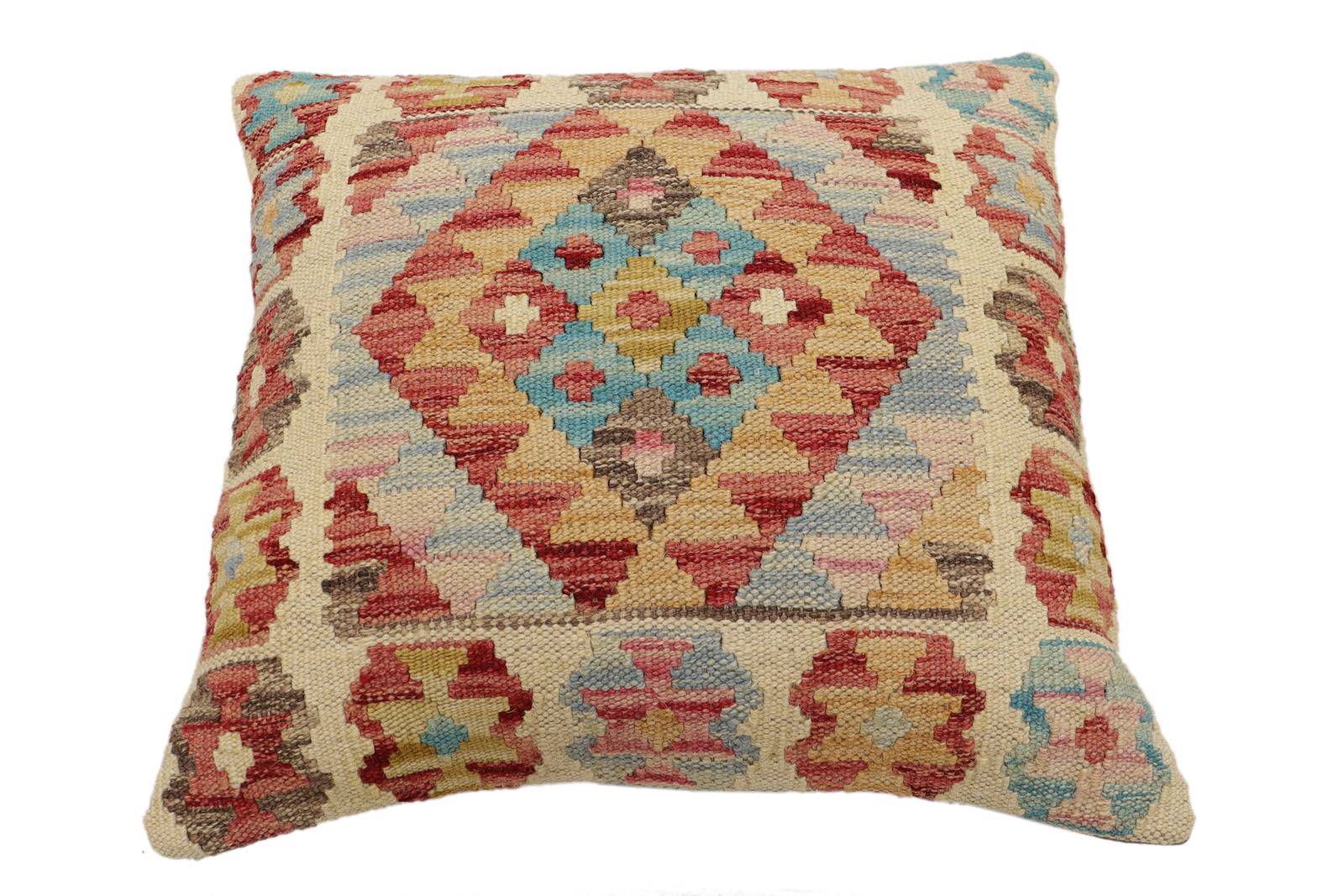 handmade Traditional Pillow Red Blue Hand-Woven SQUARE 100% WOOL  Hand woven turkish pillow  2 x 2