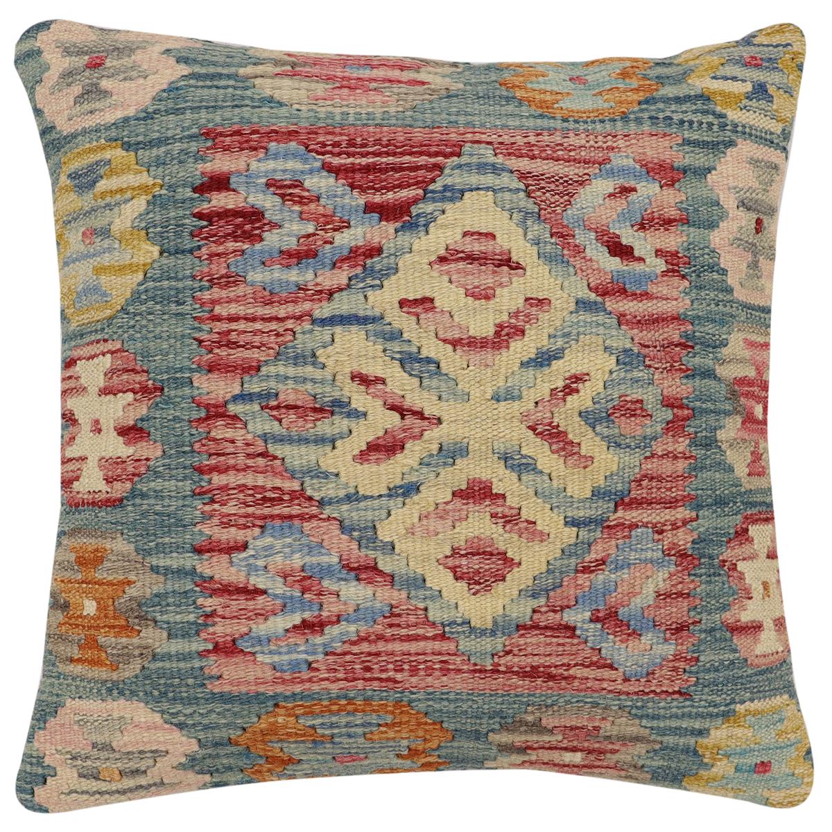handmade Traditional Pillow Blue Red Hand-Woven SQUARE 100% WOOL  Hand woven turkish pillow  2 x 2