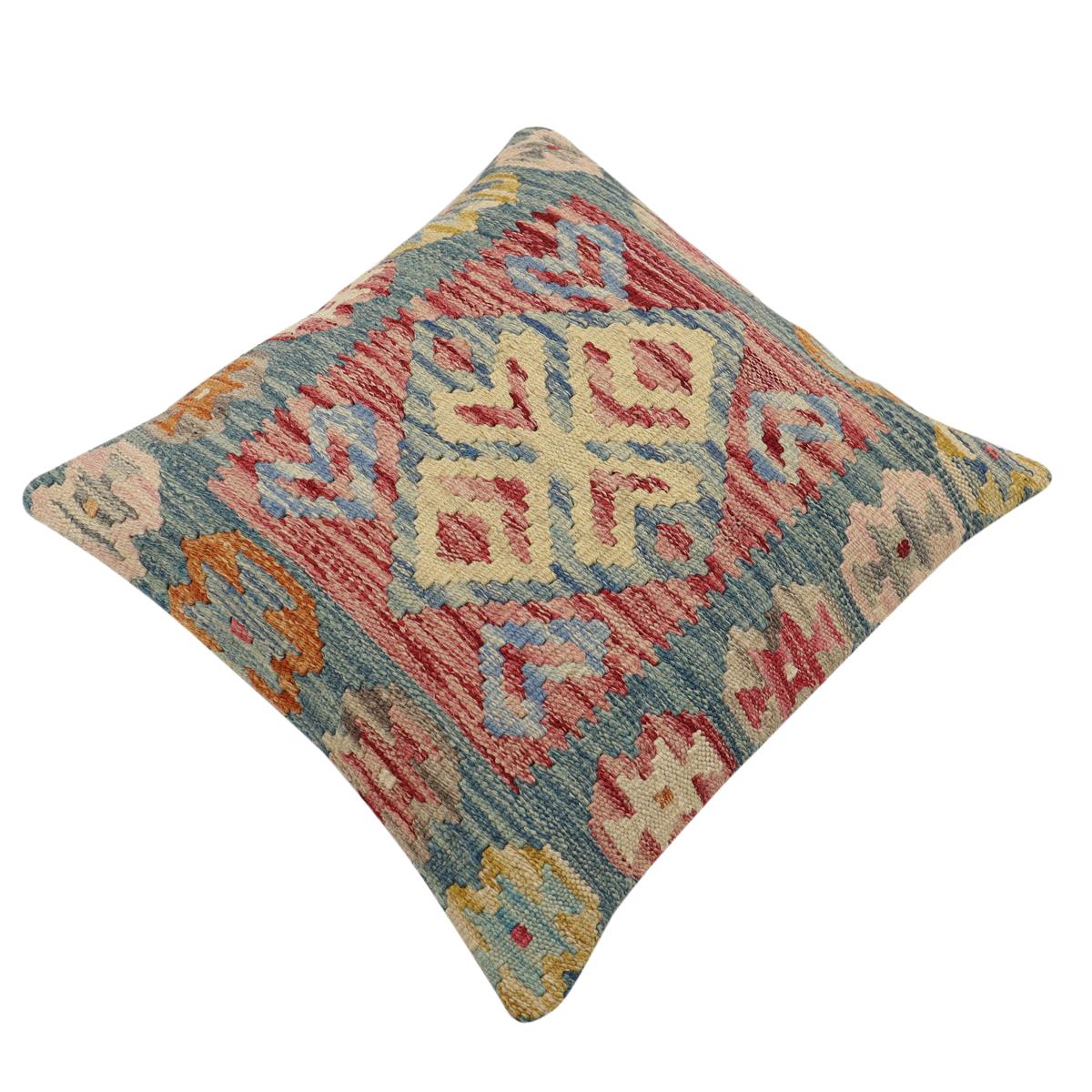 handmade Traditional Pillow Blue Red Hand-Woven SQUARE 100% WOOL  Hand woven turkish pillow  2 x 2