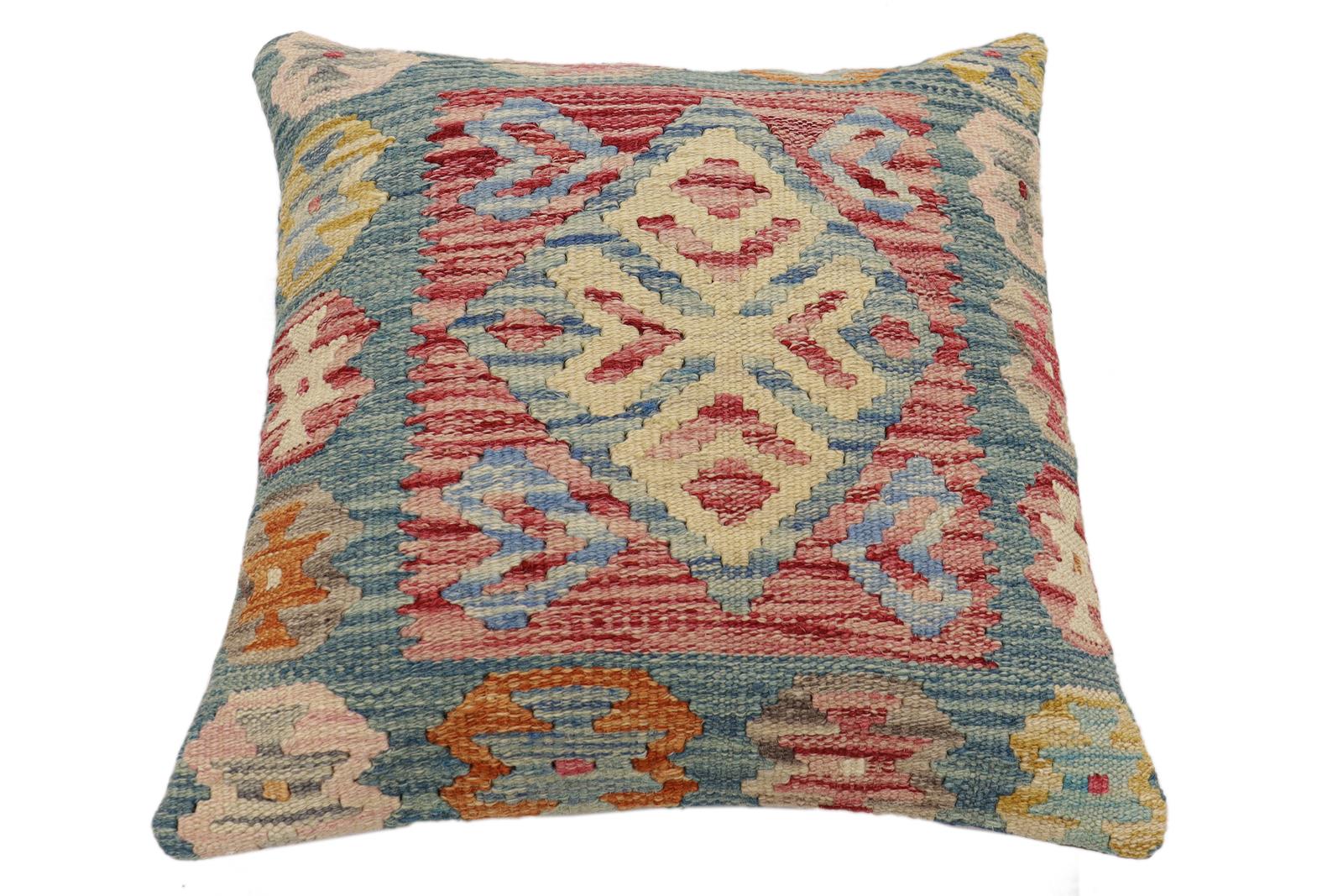 handmade Traditional Pillow Blue Red Hand-Woven SQUARE 100% WOOL  Hand woven turkish pillow  2 x 2