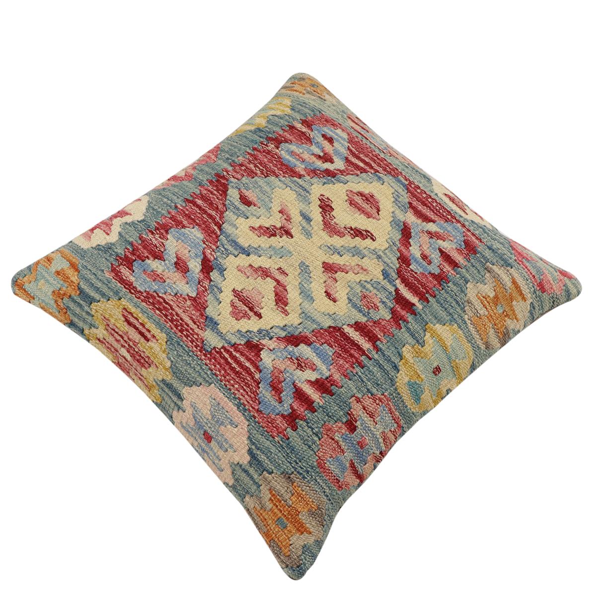 handmade Traditional Pillow Blue Red Hand-Woven SQUARE 100% WOOL  Hand woven turkish pillow  2 x 2