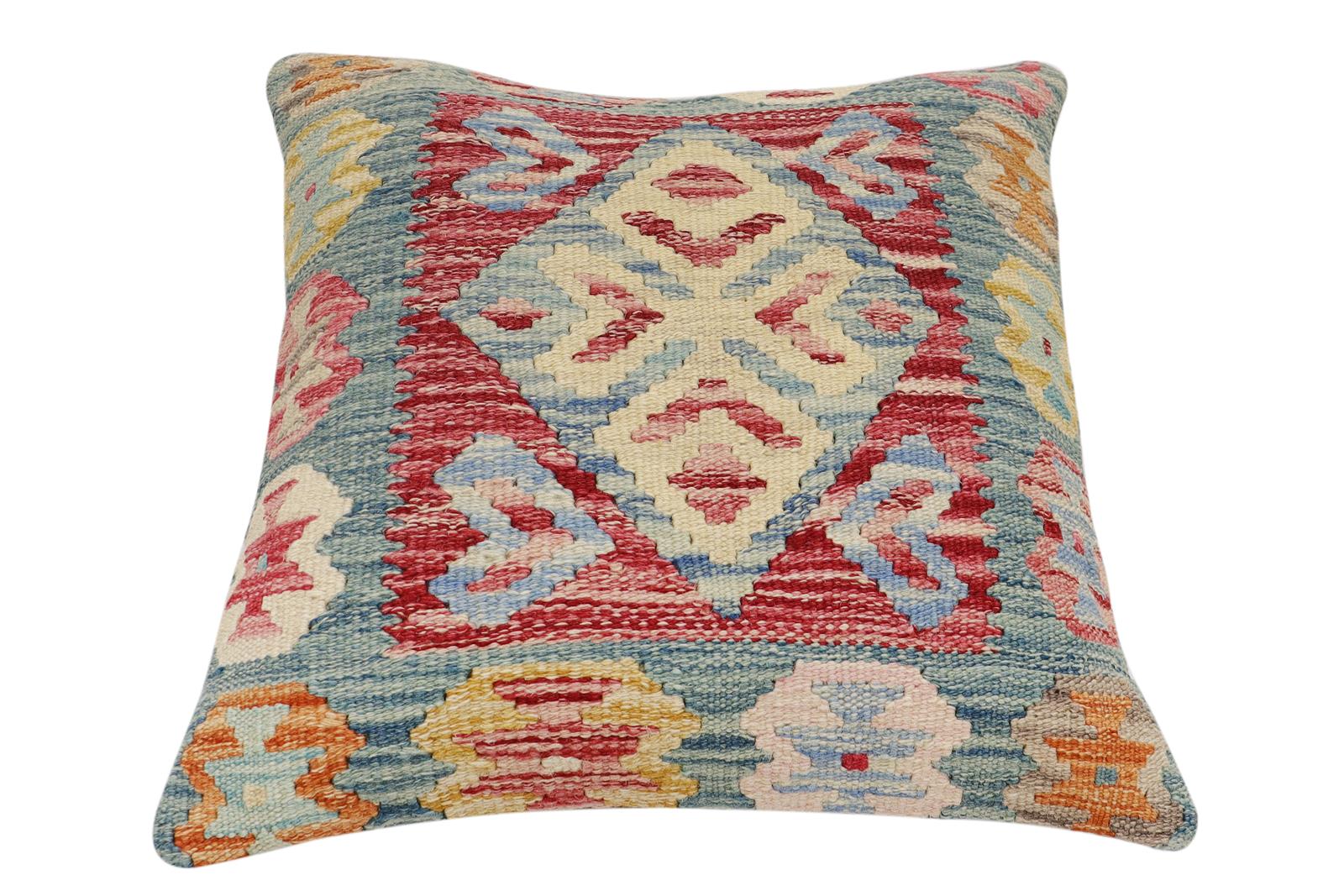 handmade Traditional Pillow Blue Red Hand-Woven SQUARE 100% WOOL  Hand woven turkish pillow  2 x 2