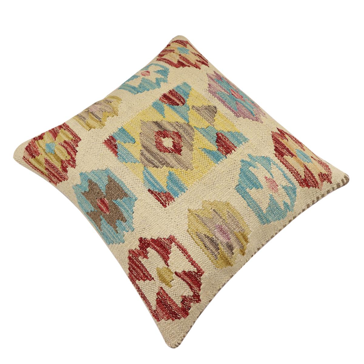 handmade Traditional Pillow Beige Red Hand-Woven SQUARE 100% WOOL  Hand woven turkish pillow  2 x 2